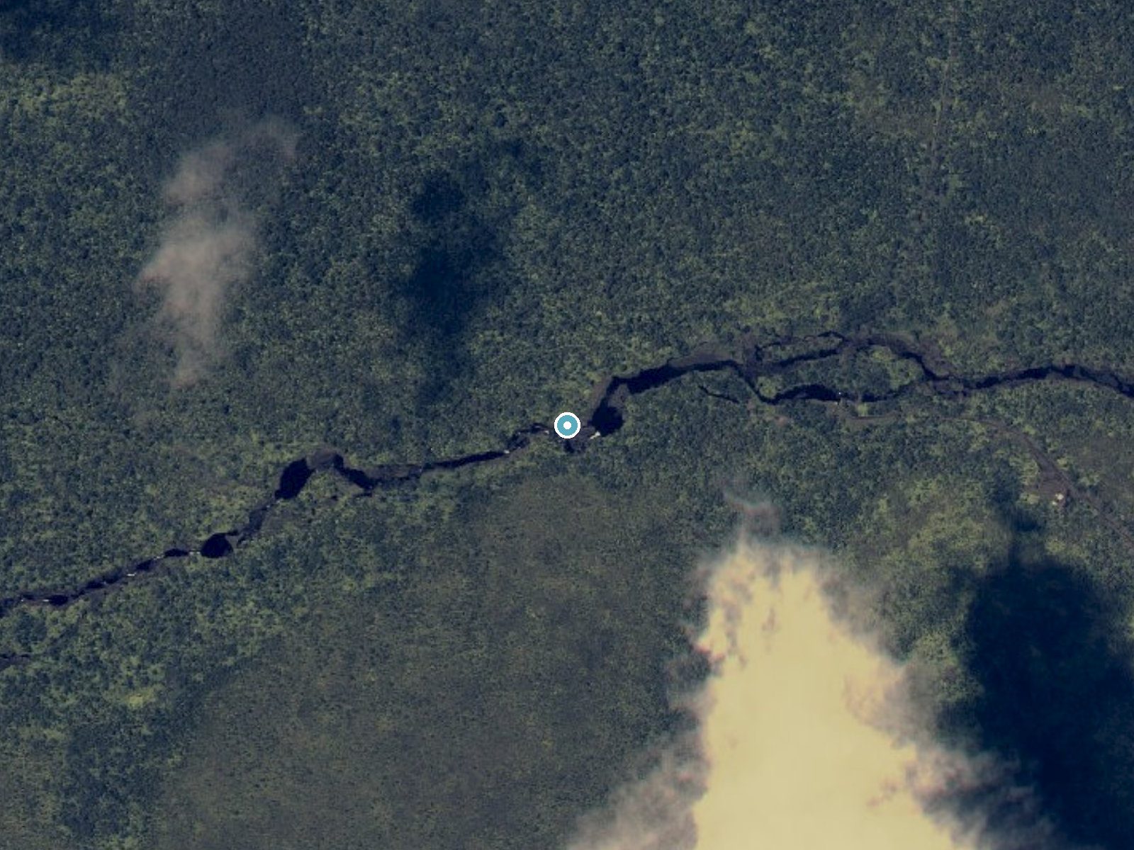 Aerial view of the ground around Poakana Falls near Hilo, Hawaii