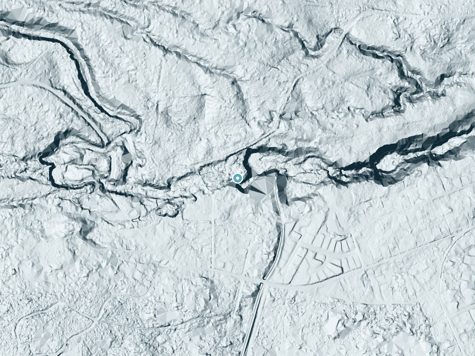 LiDAR bare-earth terrain around Peepee Falls near Wainaku, Hawaii, showing about 108 feet of drop, a steep tiered drop, facing east