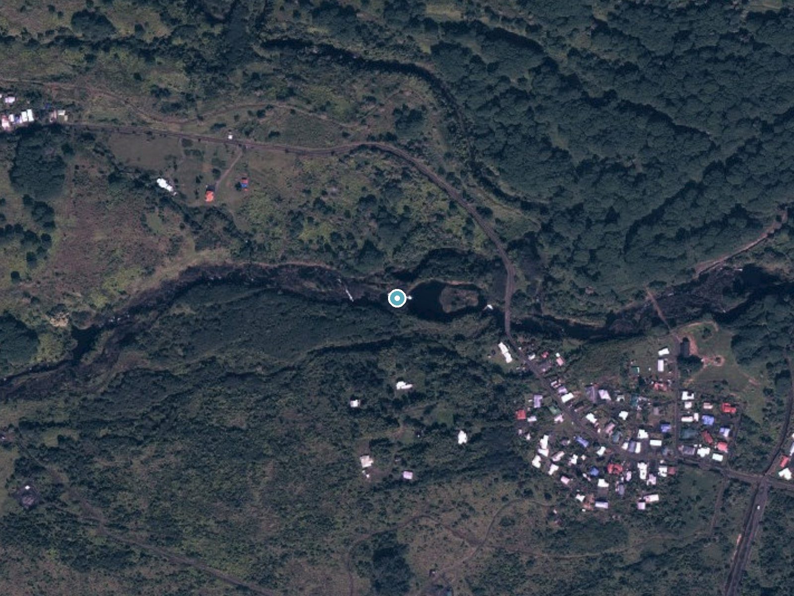 Aerial photo of the same ground around Waiale Falls near Wainaku, Hawaii, for comparison with the lidar view