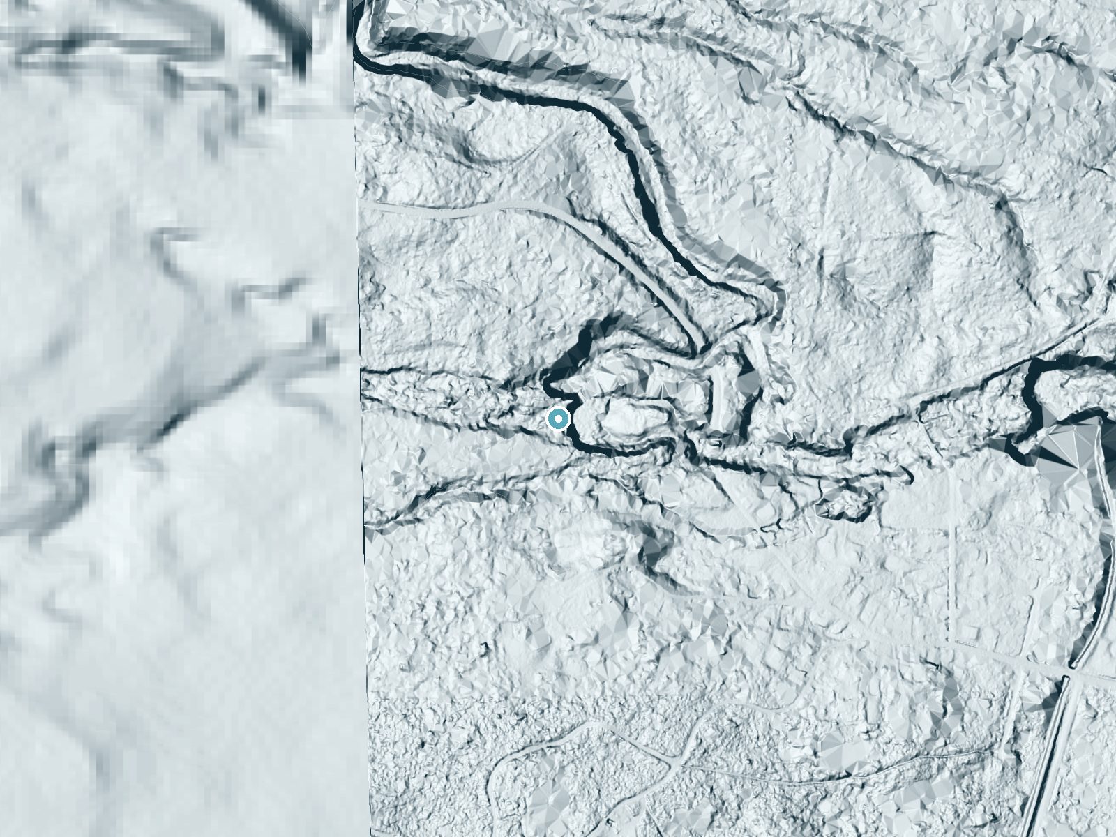 LiDAR bare-earth terrain around Waiale Falls near Wainaku, Hawaii, showing about 88 feet of drop, a steep tiered drop, facing east