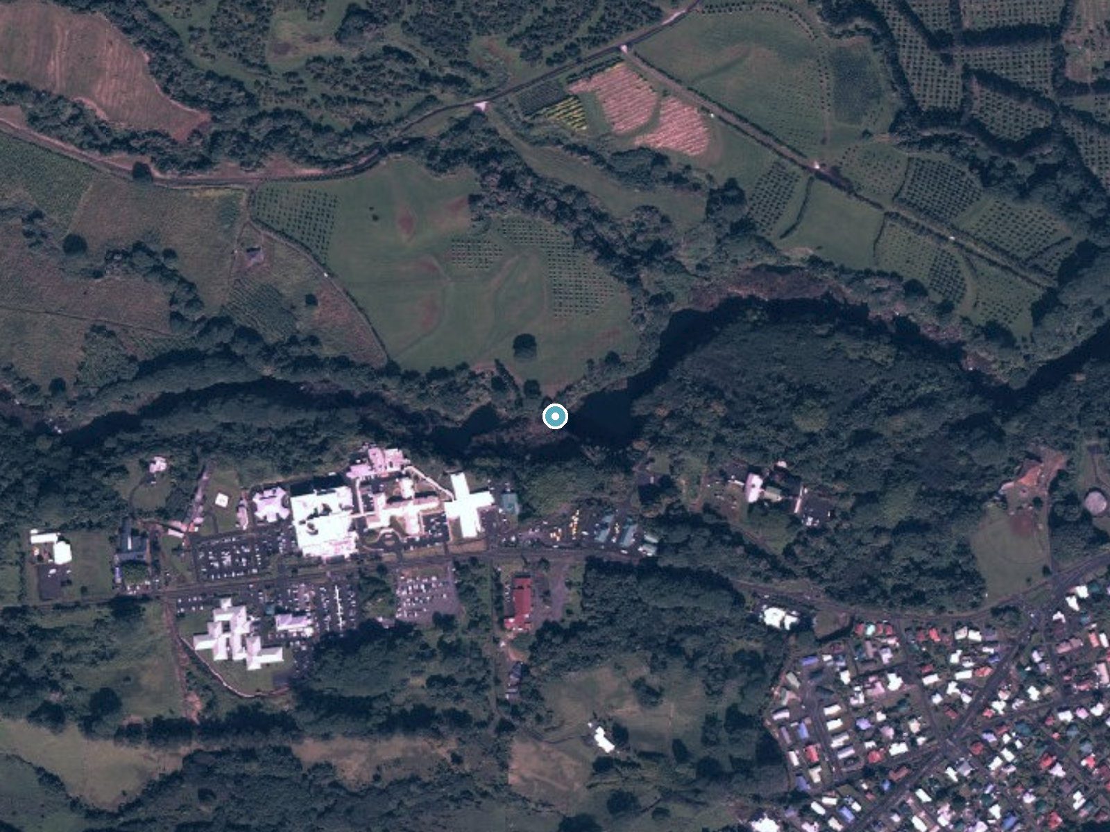 Aerial photo of the same ground around Rainbow Falls near Wainaku, Hawaii, for comparison with the lidar view