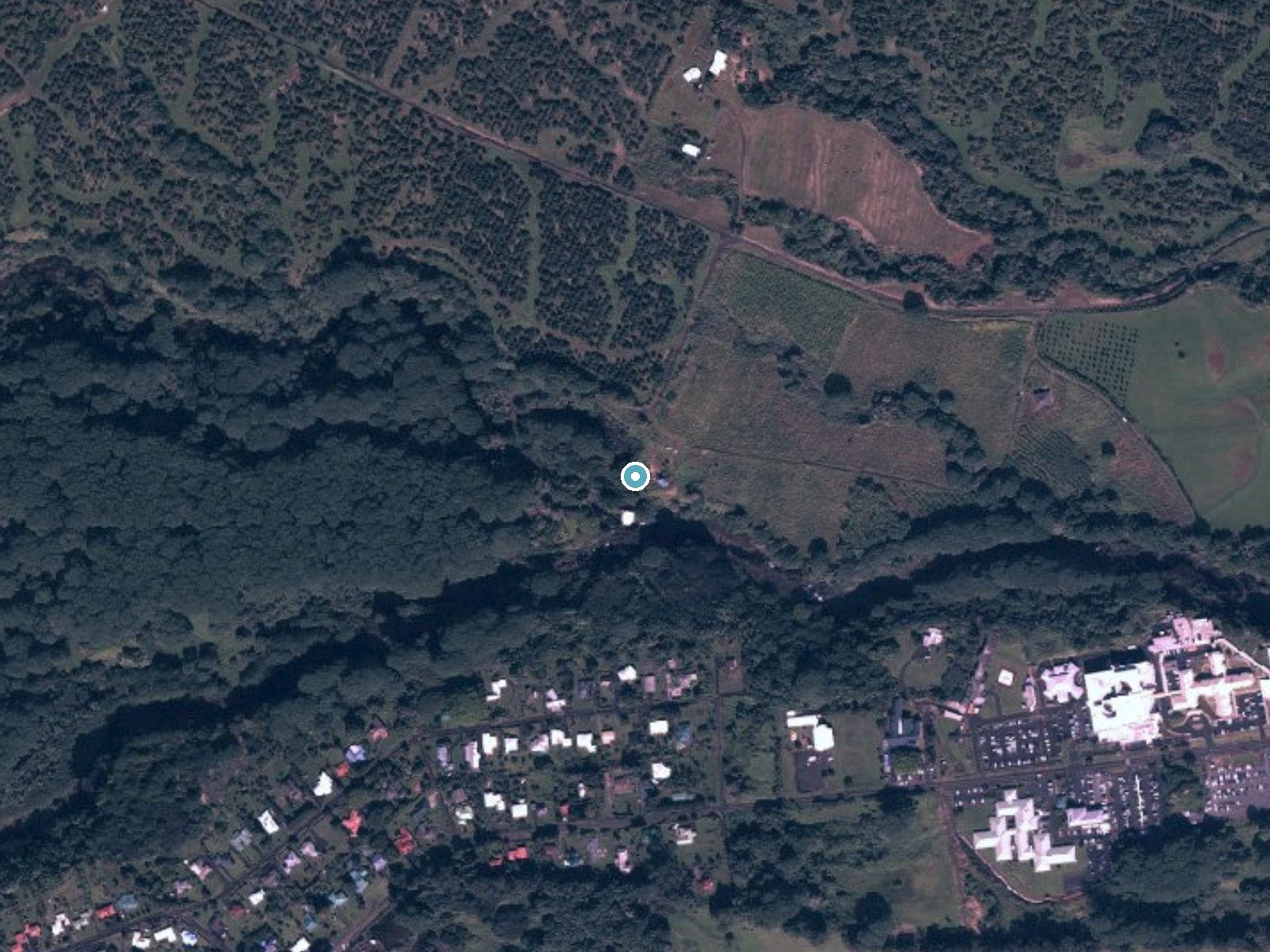 Aerial photo of the same ground around Kaimukanaka Falls near Wainaku, Hawaii, for comparison with the lidar view