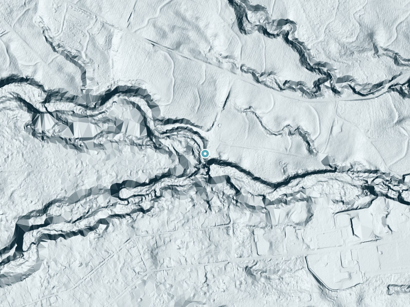 LiDAR bare-earth terrain around Kaimukanaka Falls near Wainaku, Hawaii, showing about 128 feet of drop, a steep tiered drop, facing southwest
