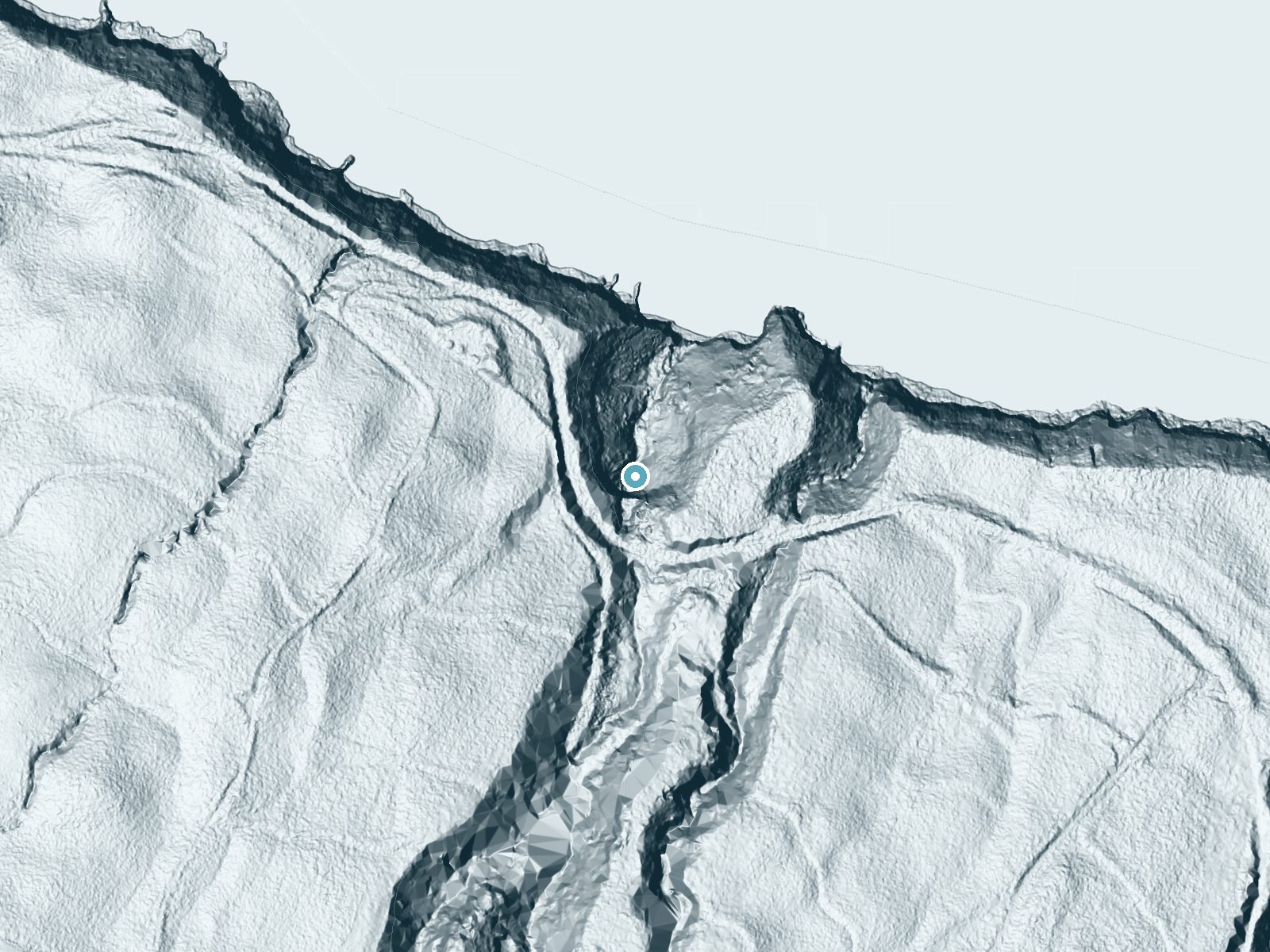 LiDAR bare-earth terrain around Hikiau Falls near Paauilo, Hawaii, showing about 266 feet of drop, a single sheer drop, facing north
