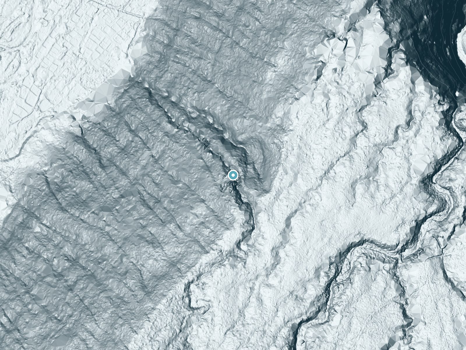 LiDAR bare-earth terrain around Kakeha Falls near Kukuihaele, Hawaii, showing about 374 feet of drop, a steep tiered drop, facing northwest