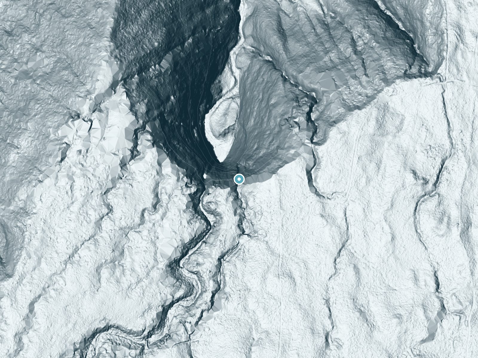 LiDAR bare-earth terrain around Hakalaoa Falls near Kukuihaele, Hawaii, showing about 1,386 feet of drop, a single sheer drop, facing north