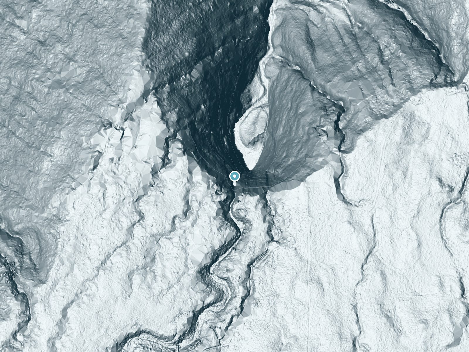 LiDAR bare-earth terrain around Hiʻilawe Falls near Kukuihaele, Hawaii, showing about 1,565 feet of drop, a single sheer drop, facing northeast