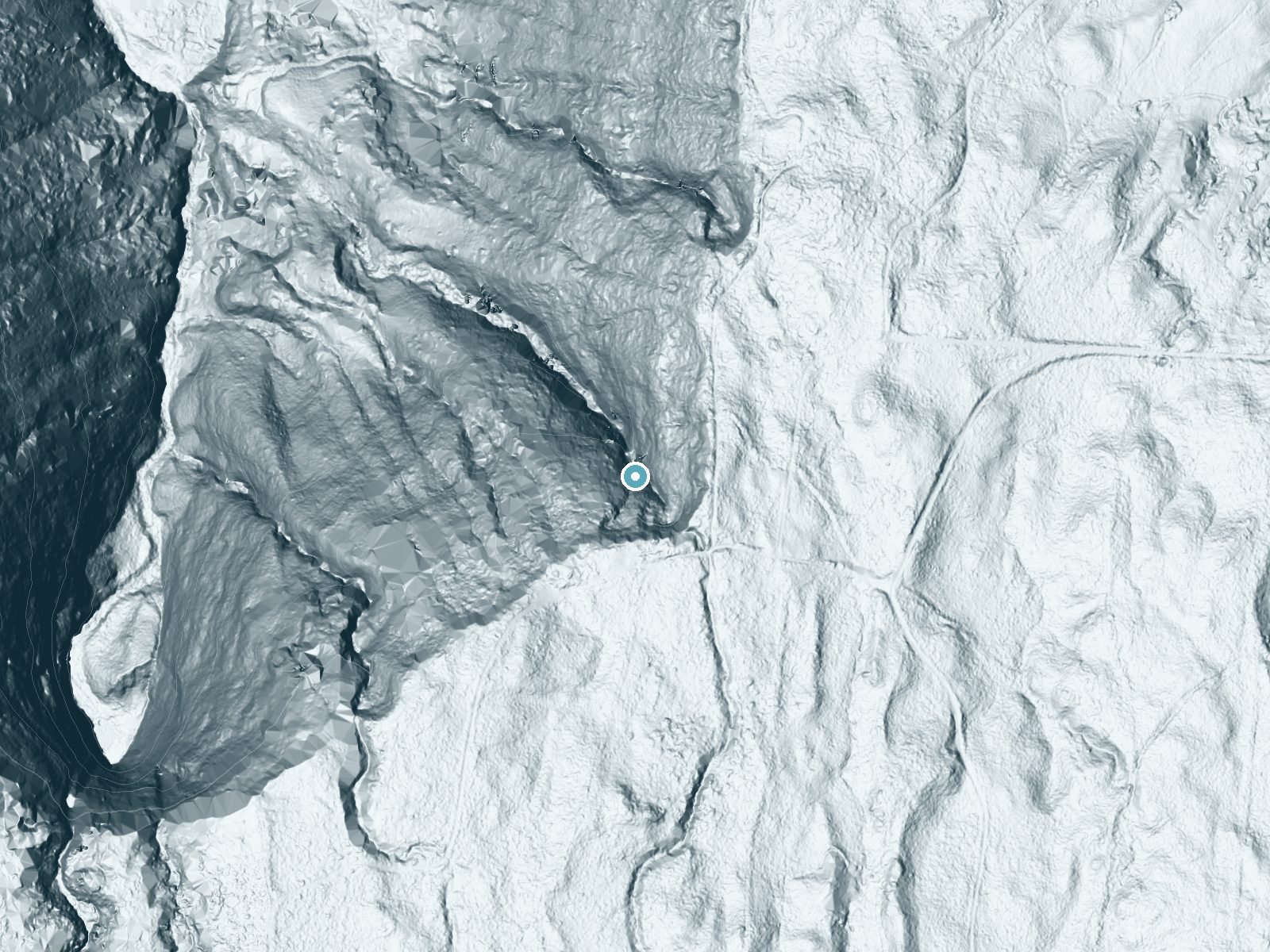 LiDAR bare-earth terrain around Ipuu Falls near Kukuihaele, Hawaii, showing about 660 feet of drop, a single sheer drop, facing northwest