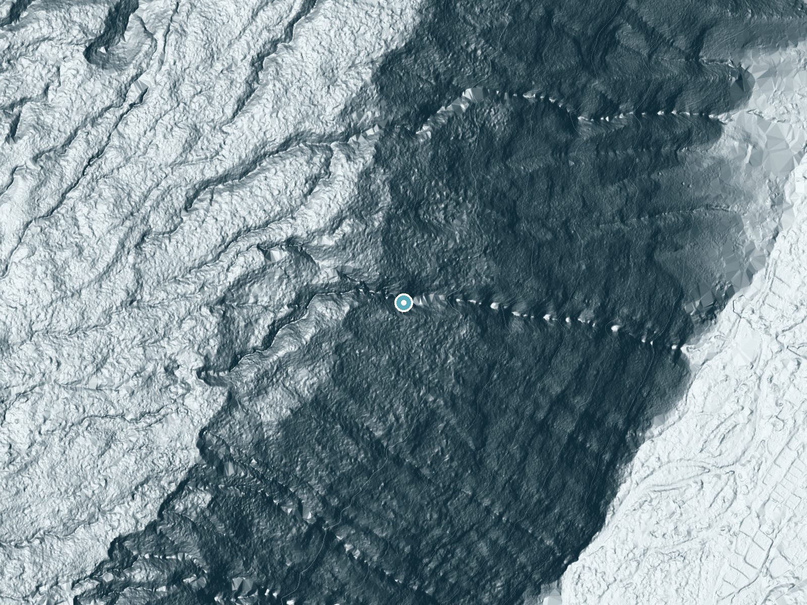 LiDAR bare-earth terrain around Papala Falls near Kukuihaele, Hawaii, showing about 425 feet of drop, a steep tiered drop, facing east