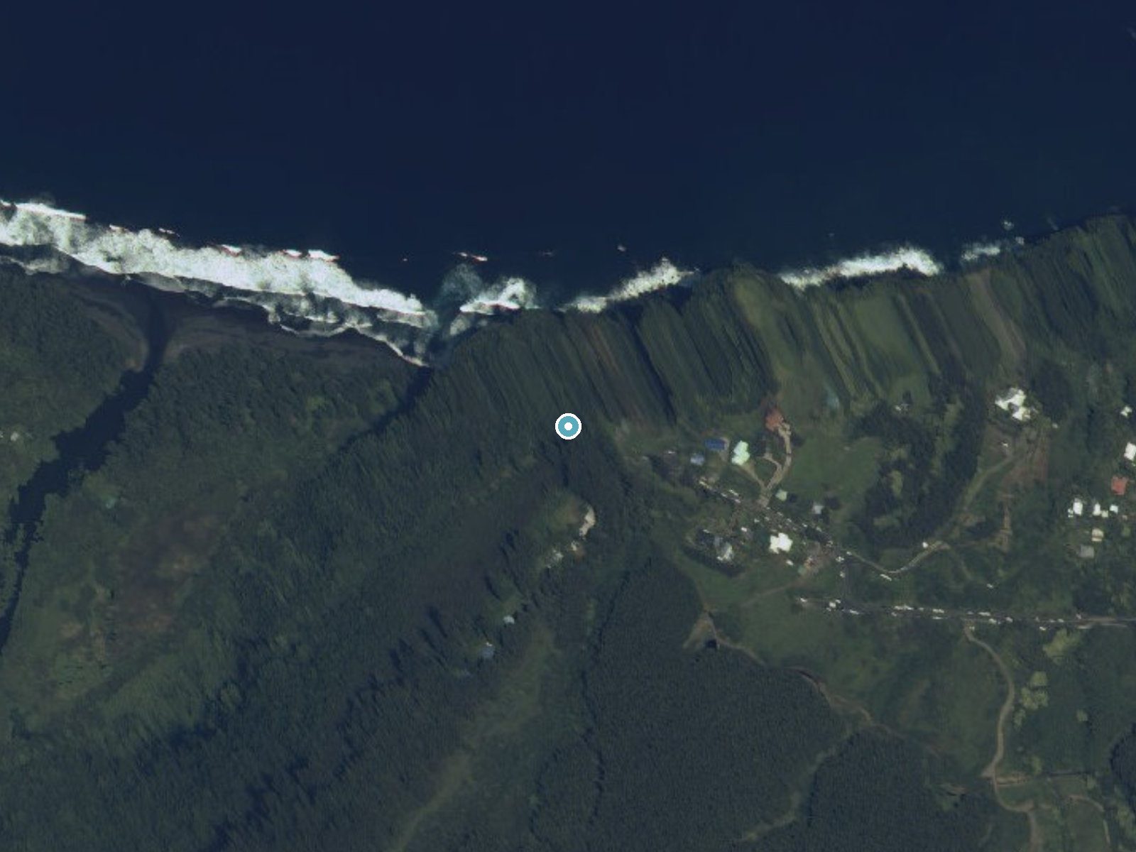 Aerial photo of the same ground around Kaluahine Falls near Kukuihaele, Hawaii, for comparison with the lidar view