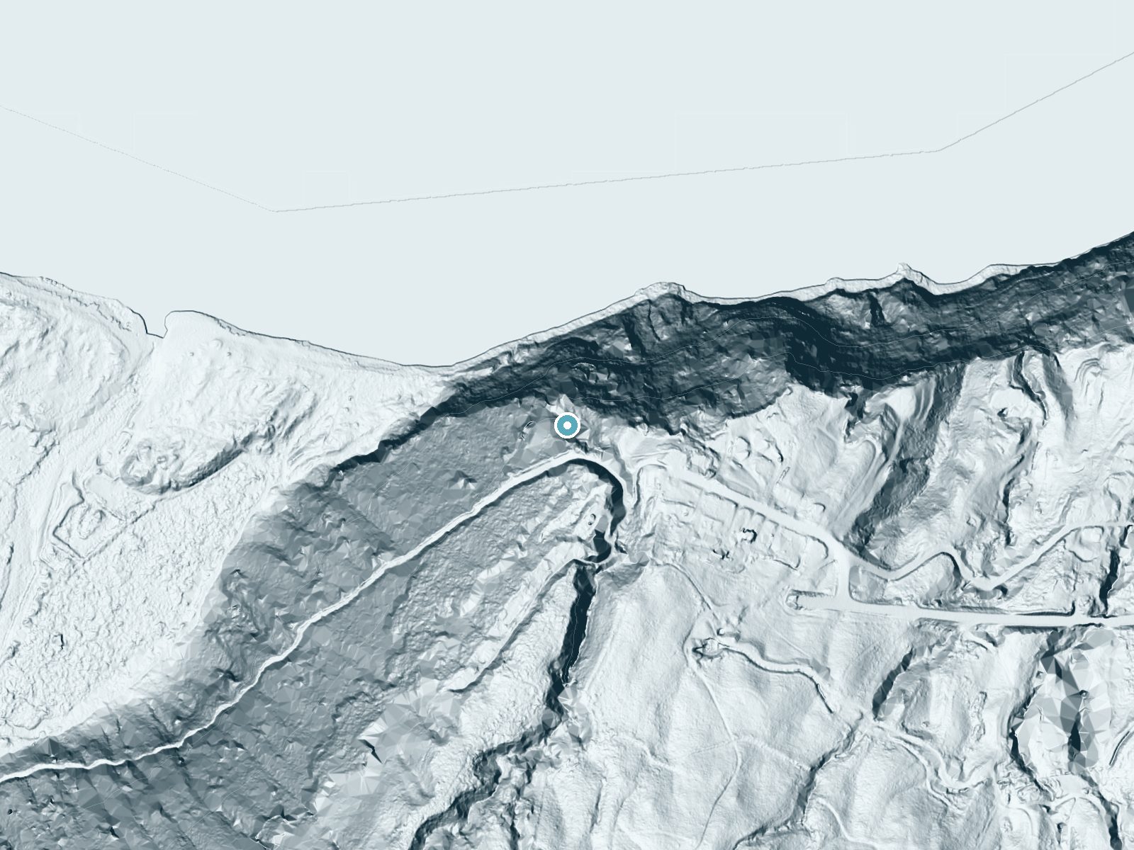 LiDAR bare-earth terrain around Kaluahine Falls near Kukuihaele, Hawaii, showing about 519 feet of drop, a single sheer drop, facing northwest