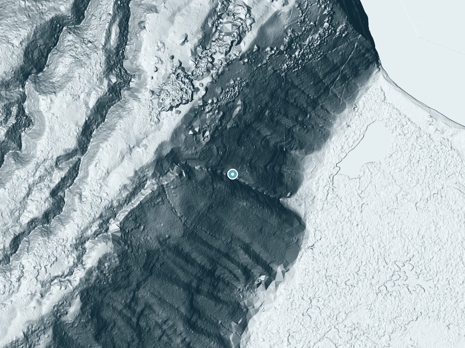 LiDAR bare-earth terrain around Waiamoa Falls near Kukuihaele, Hawaii, showing about 464 feet of drop, a steep tiered drop, facing east
