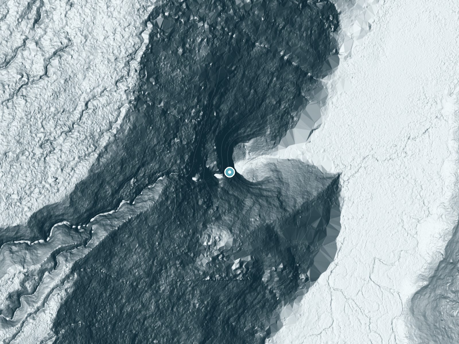 LiDAR bare-earth terrain around Waiʻilikahi Falls near Kukuihaele, Hawaii, showing about 843 feet of drop, a single sheer drop, facing northeast