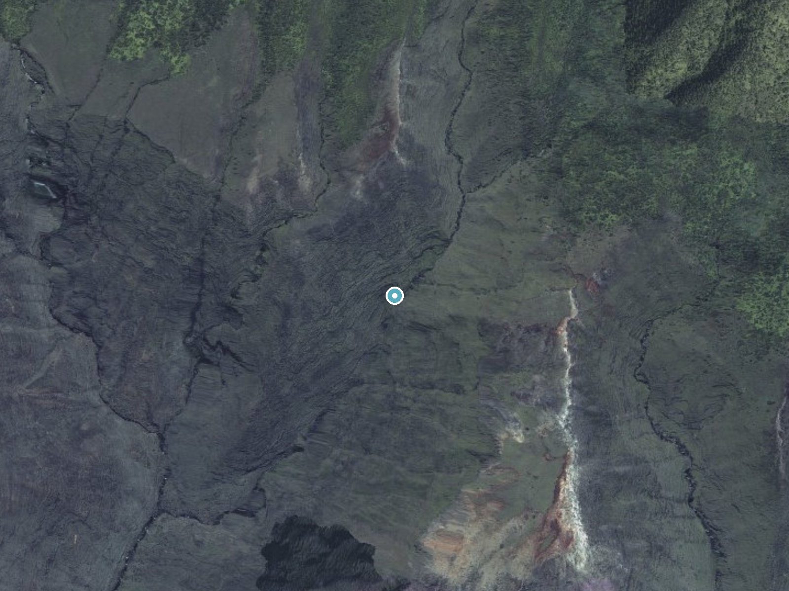 Aerial photo of the same ground around Haha Falls near Ualapue, Hawaii, for comparison with the lidar view