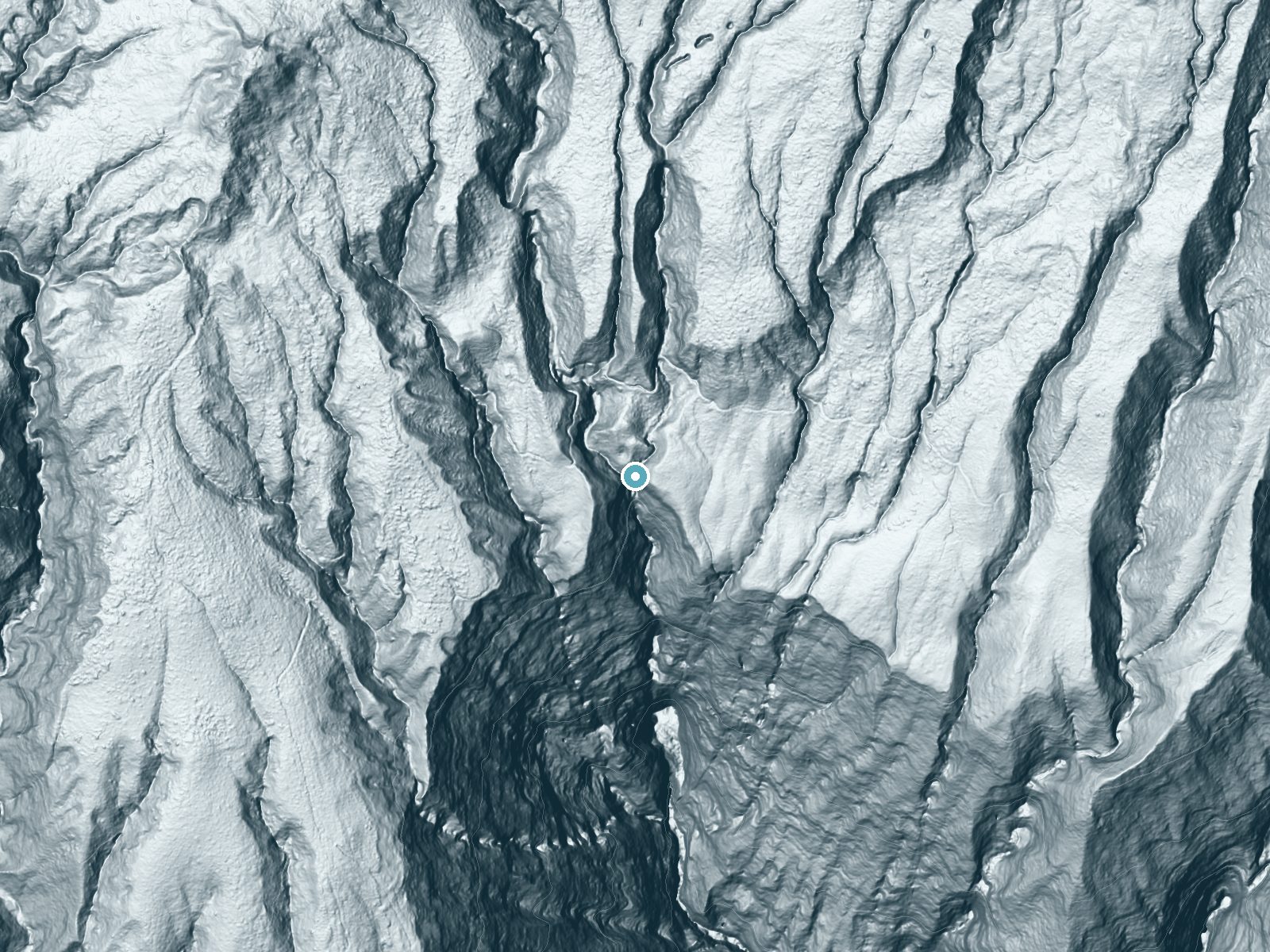 LiDAR bare-earth terrain around Hina Falls near Ualapue, Hawaii, showing about 395 feet of drop, a single sheer drop, facing south