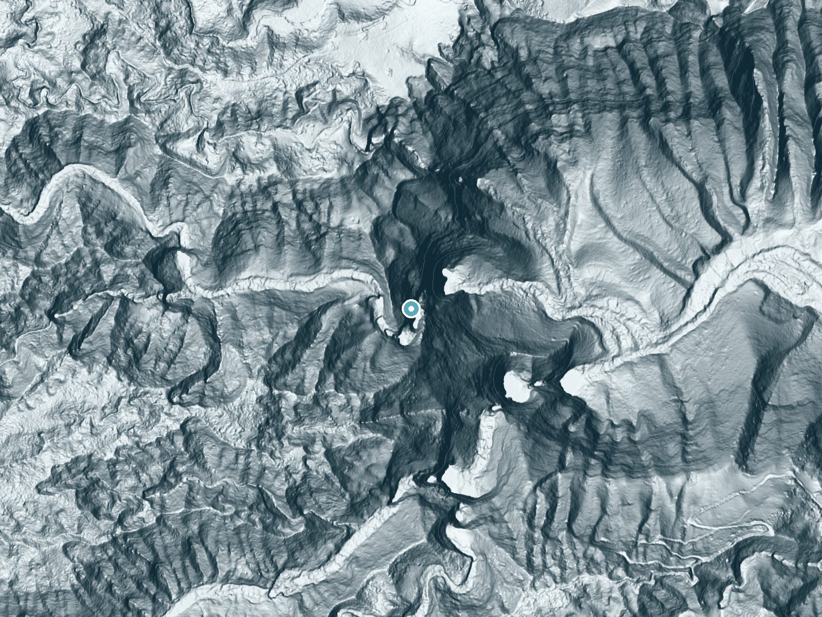 LiDAR bare-earth terrain around Hīpuapua Falls near Ualapue, Hawaii, showing about 869 feet of drop, a single sheer drop, facing east