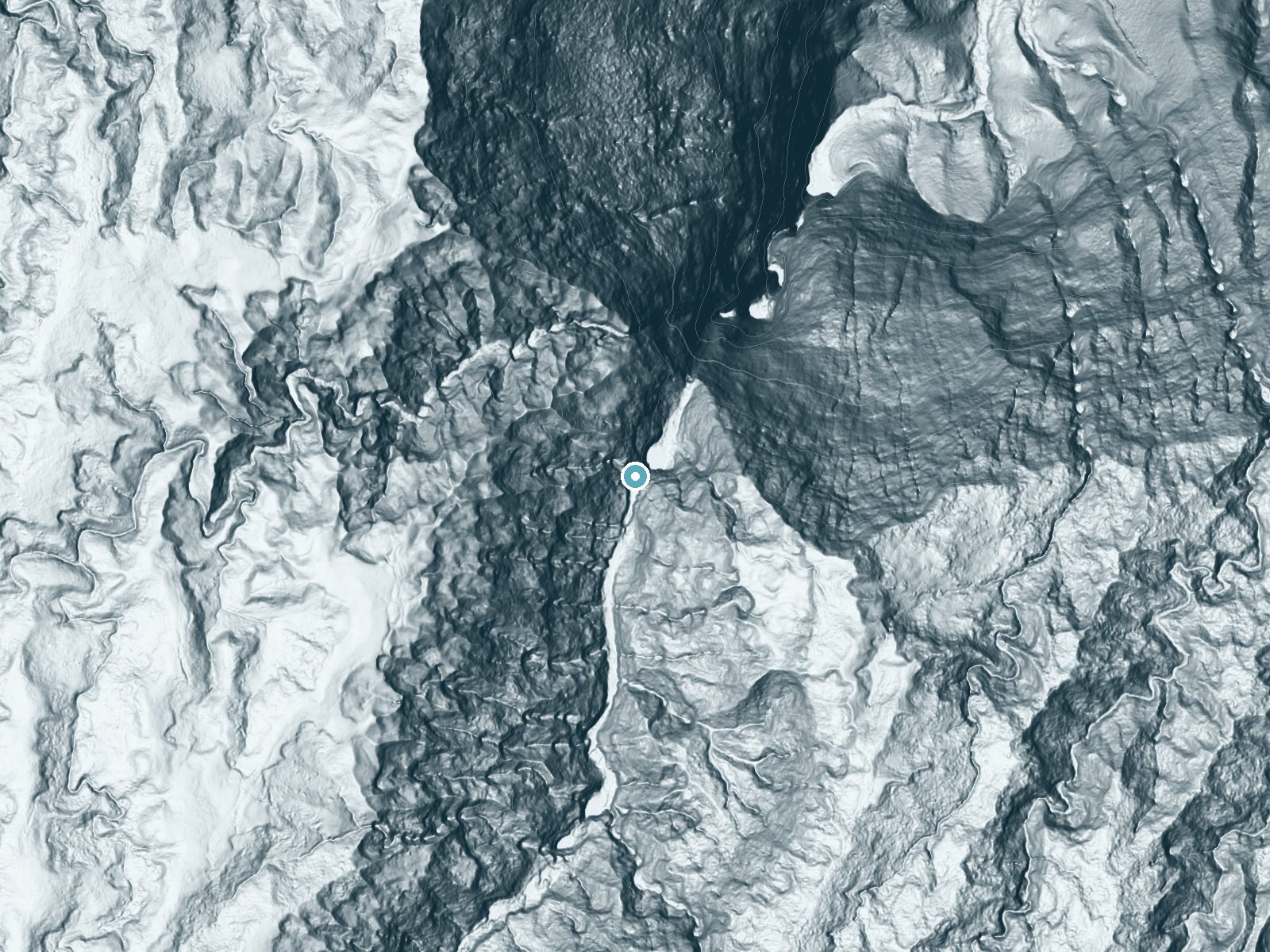 LiDAR bare-earth terrain around Pāpalaua Falls near Ualapue, Hawaii, showing about 302 feet of drop, a steep tiered drop, facing east