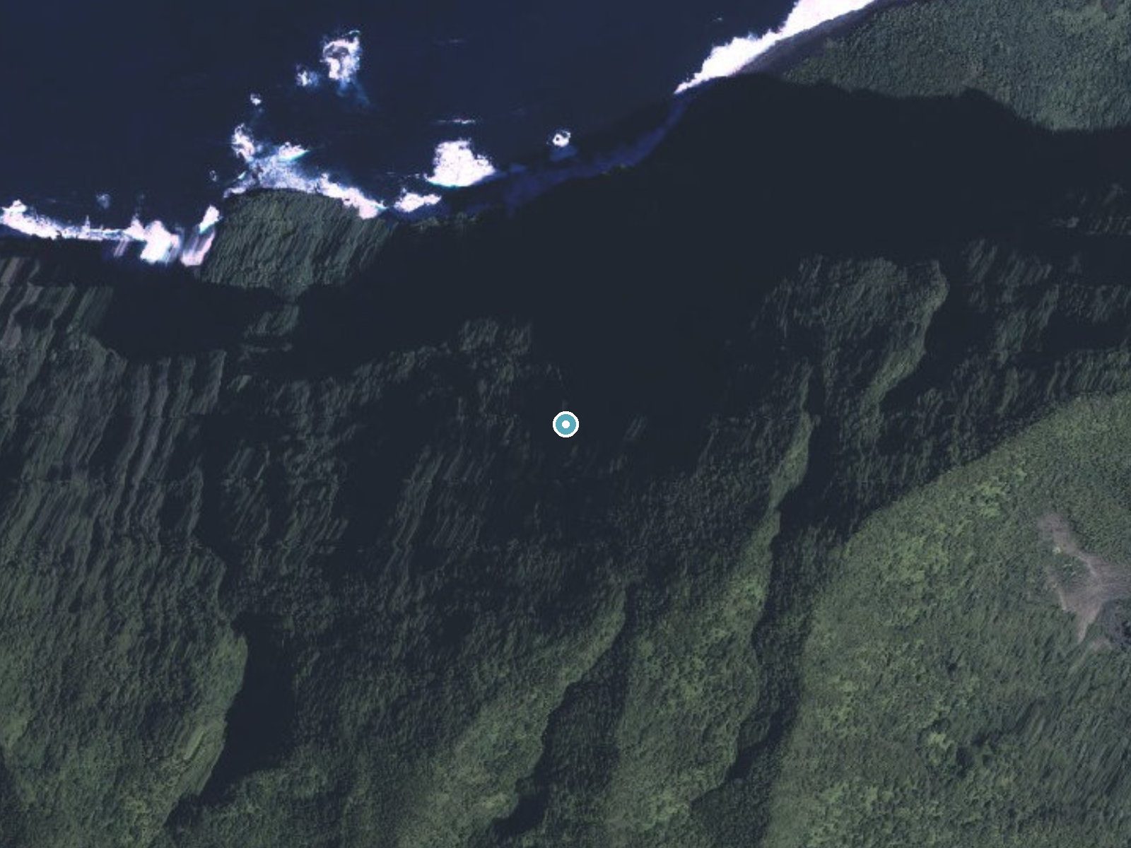 Aerial photo of the same ground around Puʻukaʻōkū Falls near Ualapue, Hawaii, for comparison with the lidar view
