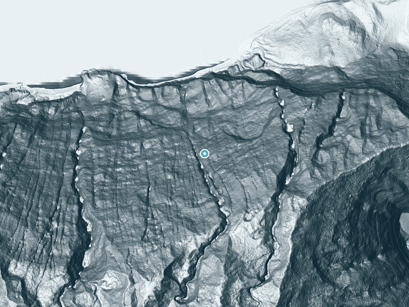 LiDAR bare-earth terrain around Puʻukaʻōkū Falls near Ualapue, Hawaii, showing about 769 feet of drop, a single sheer drop, facing northwest
