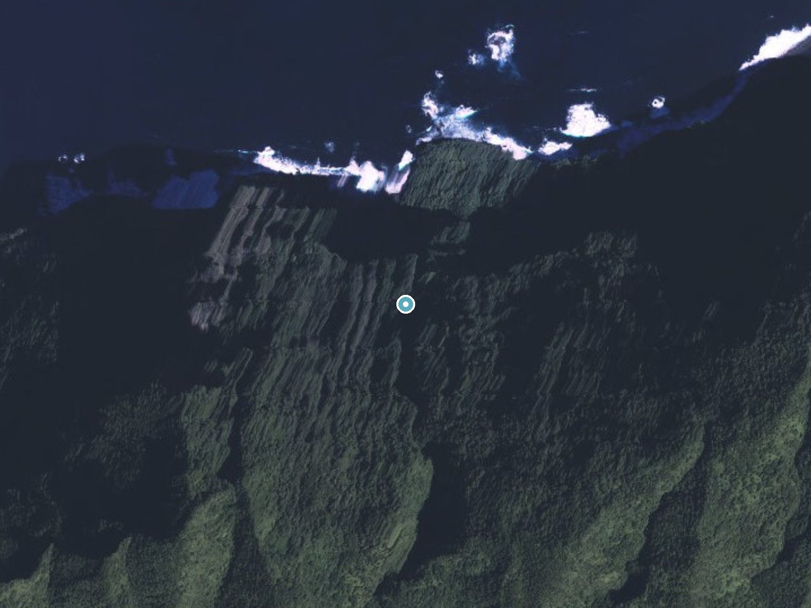 Aerial photo of the same ground around ʻOloʻupena Falls near Ualapue, Hawaii, for comparison with the lidar view