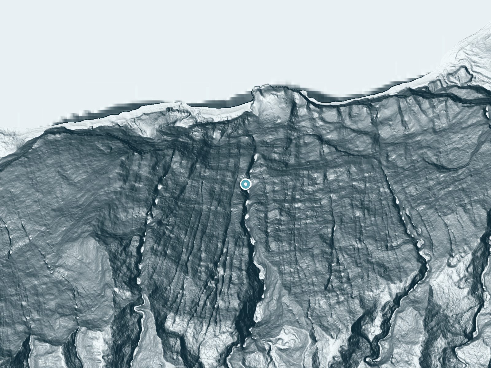 LiDAR bare-earth terrain around ʻOloʻupena Falls near Ualapue, Hawaii, showing about 758 feet of drop, a single sheer drop, facing north