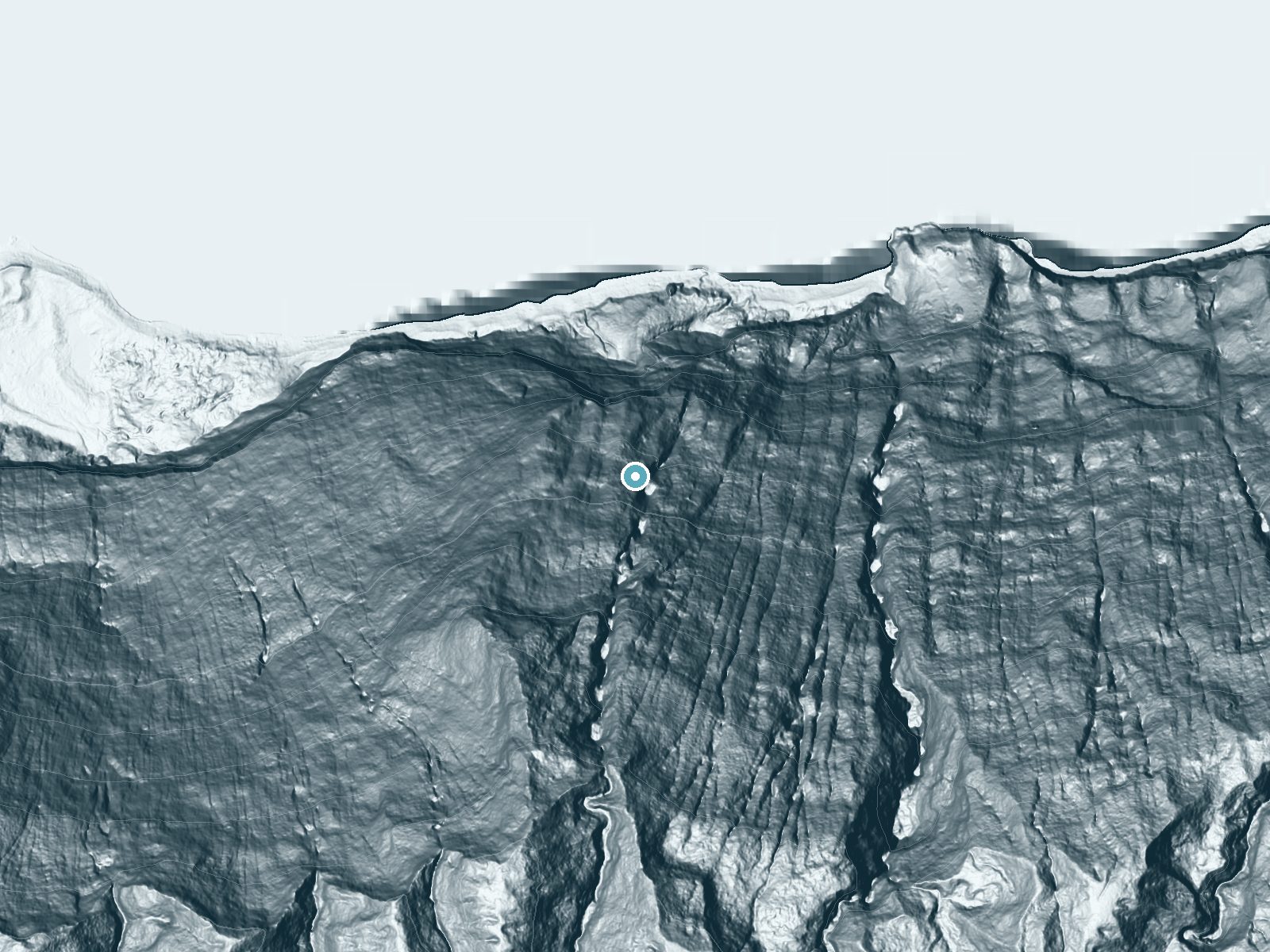LiDAR bare-earth terrain around Hāloku Falls near Ualapue, Hawaii, showing about 708 feet of drop, a single sheer drop, facing north