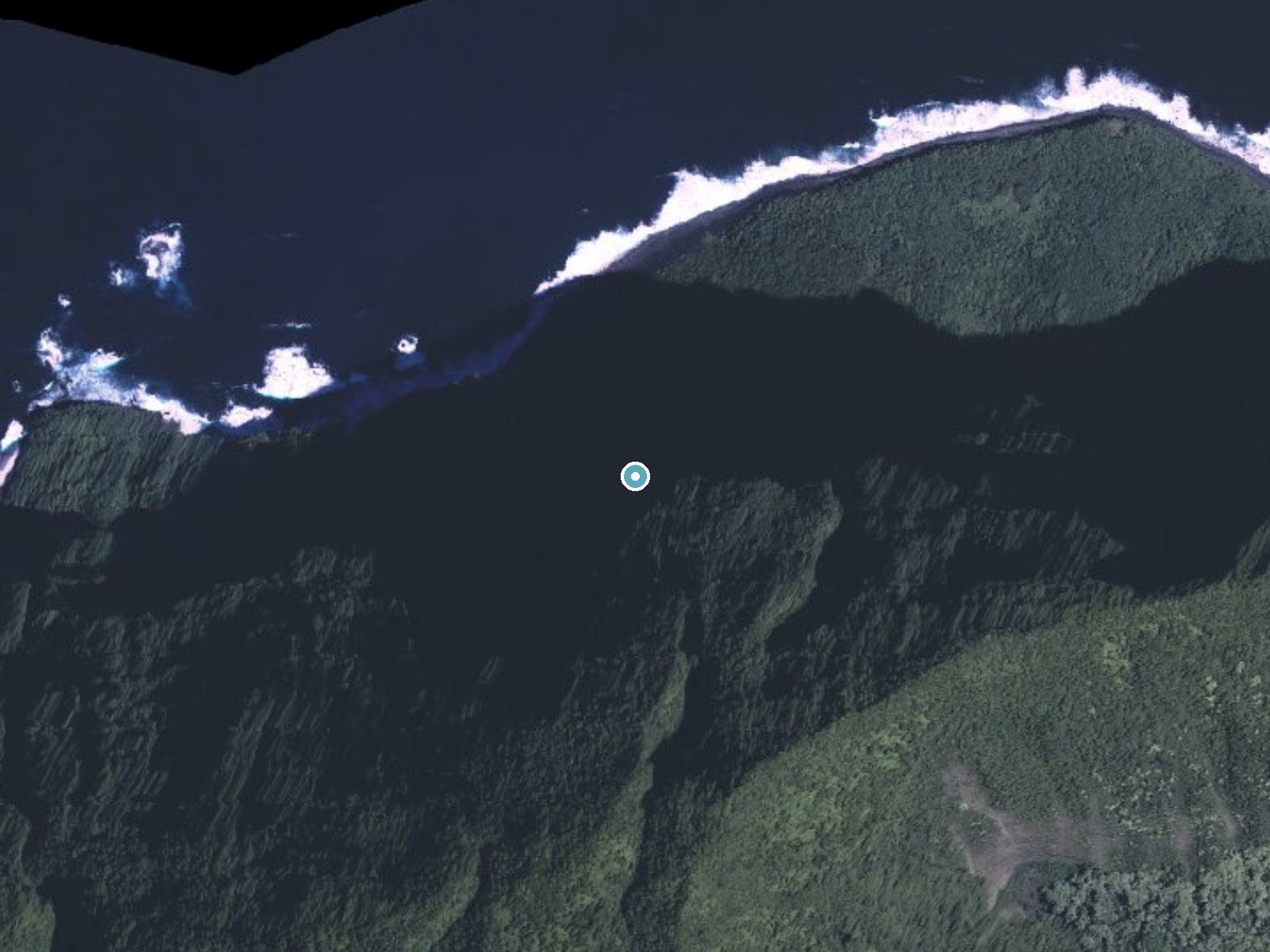 Aerial photo of the same ground around Wailele Falls near Ualapue, Hawaii, for comparison with the lidar view