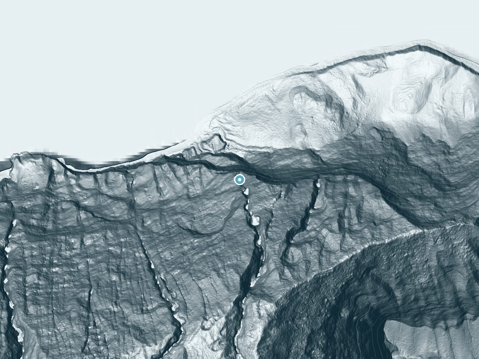 LiDAR bare-earth terrain around Wailele Falls near Ualapue, Hawaii, showing about 1,378 feet of drop, a single sheer drop, facing north