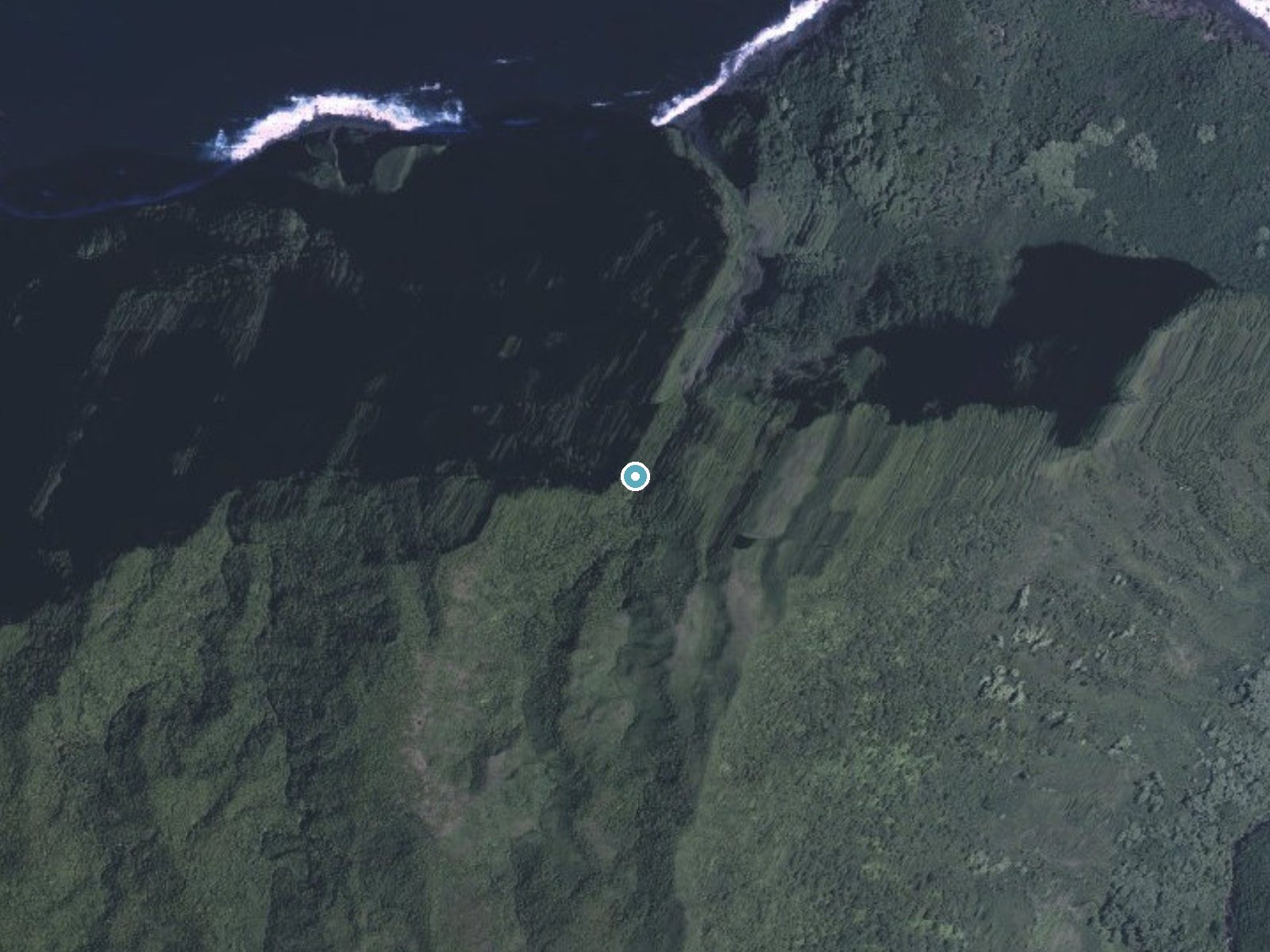 Aerial photo of the same ground around Kahiwa Falls near Ualapue, Hawaii, for comparison with the lidar view