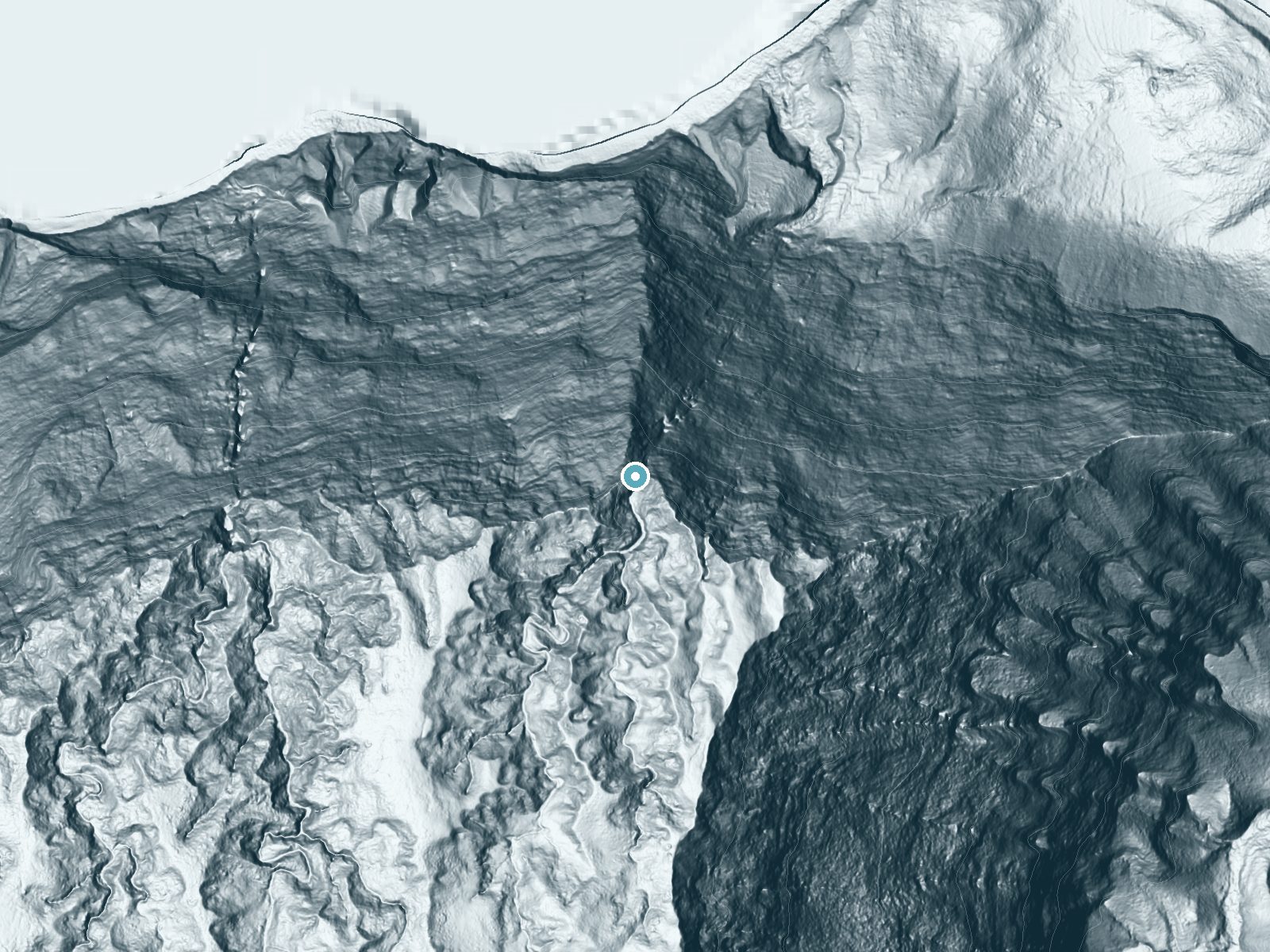 LiDAR bare-earth terrain around Kahiwa Falls near Ualapue, Hawaii, showing about 535 feet of drop, a single sheer drop, facing north