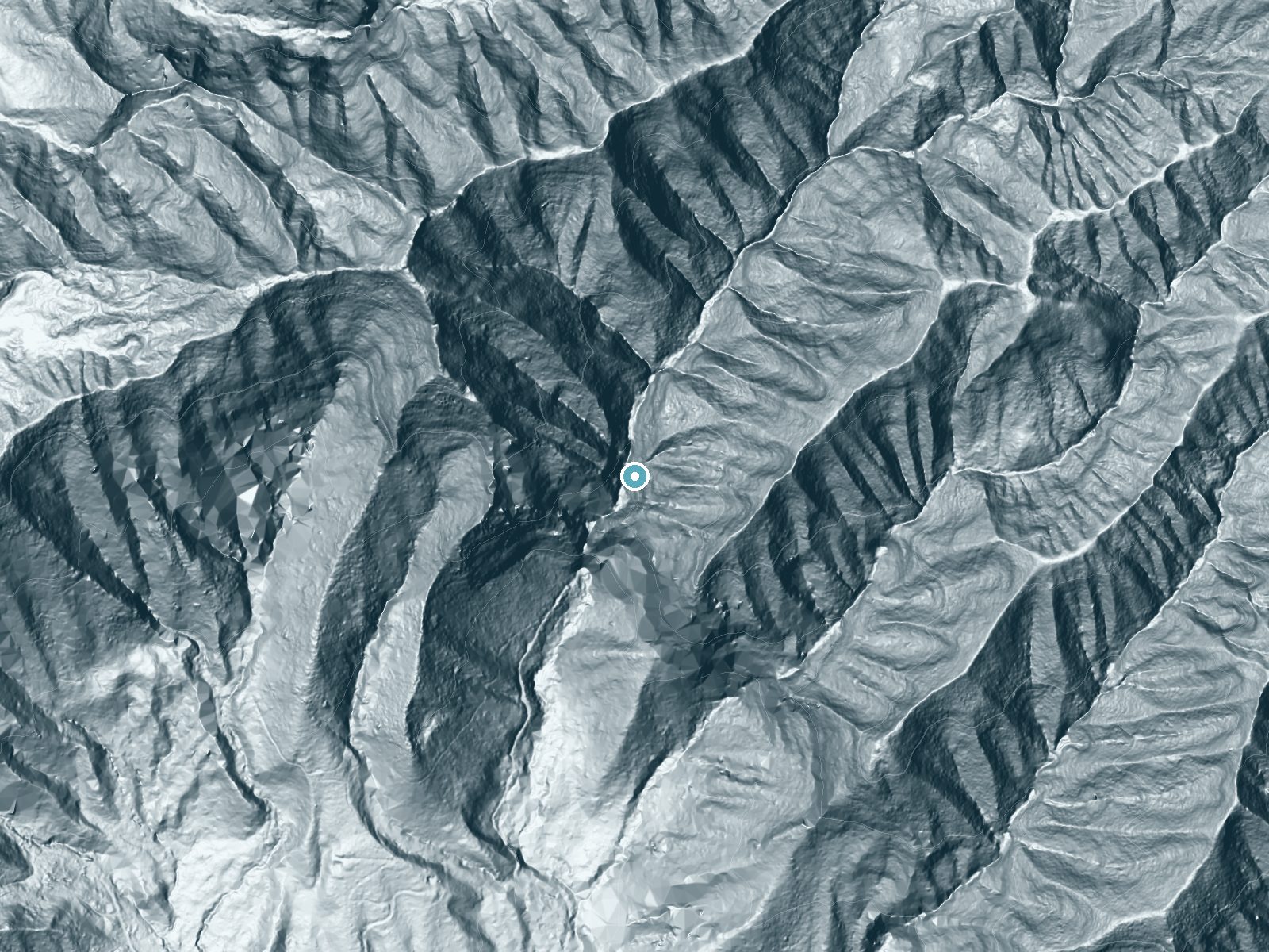 LiDAR bare-earth terrain around Mānoa Falls near Maunawili, Hawaii, showing about 434 feet of drop, a steep tiered drop, facing southwest