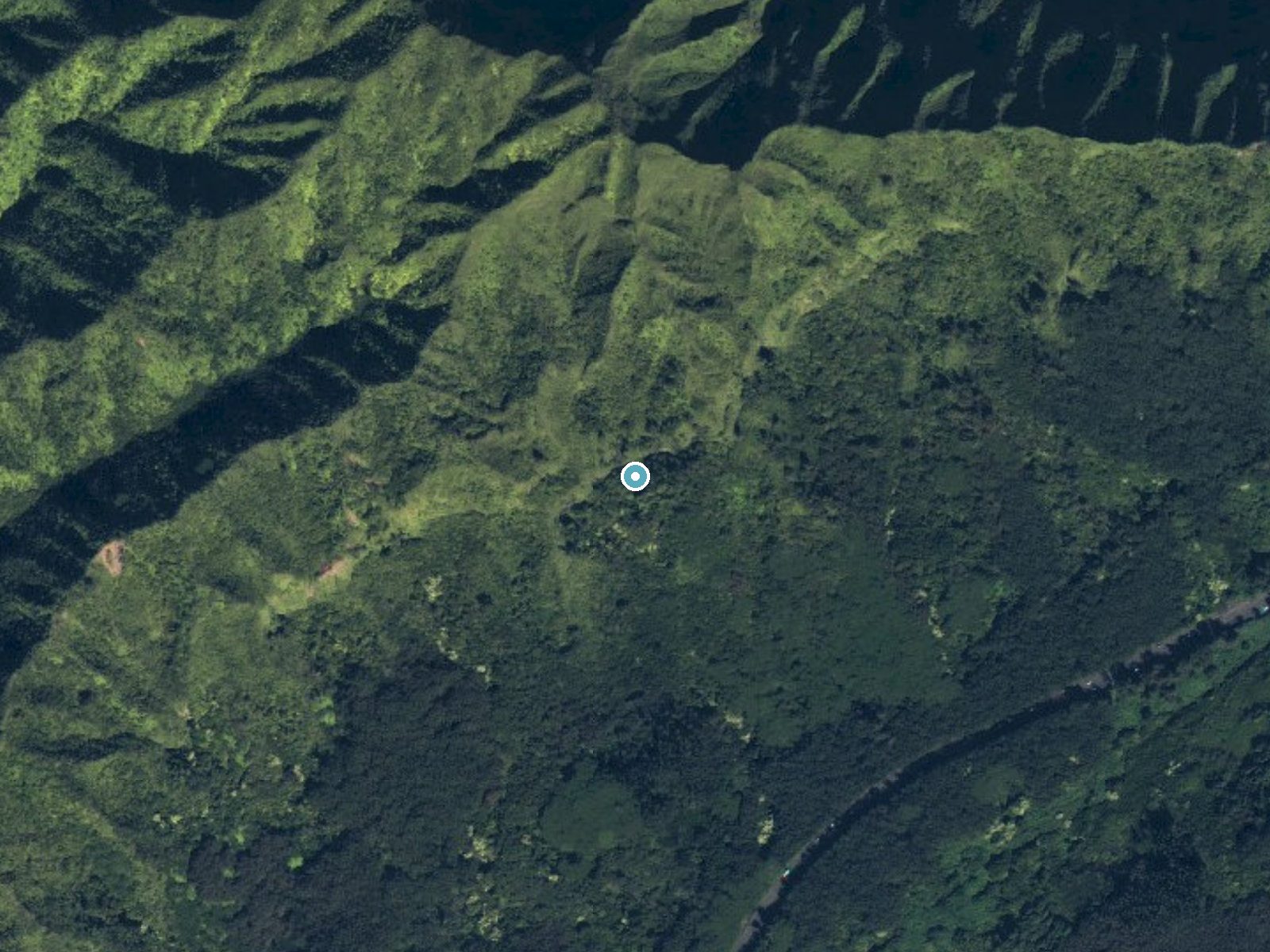 Aerial photo of the same ground around Waipuhia Falls near Maunawili, Hawaii, for comparison with the lidar view