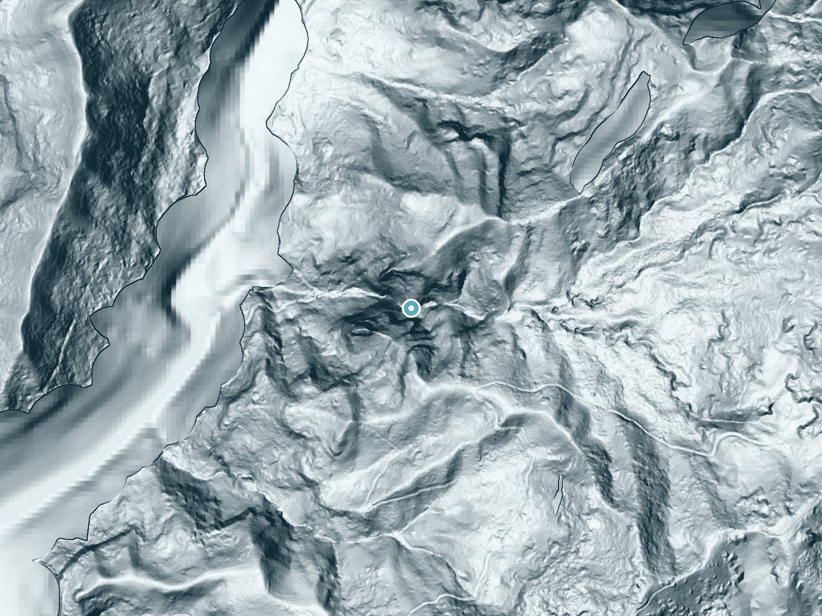 LiDAR bare-earth terrain around Ooiki Falls near Kalaheo, Hawaii, showing about 495 feet of drop, a single sheer drop, facing west