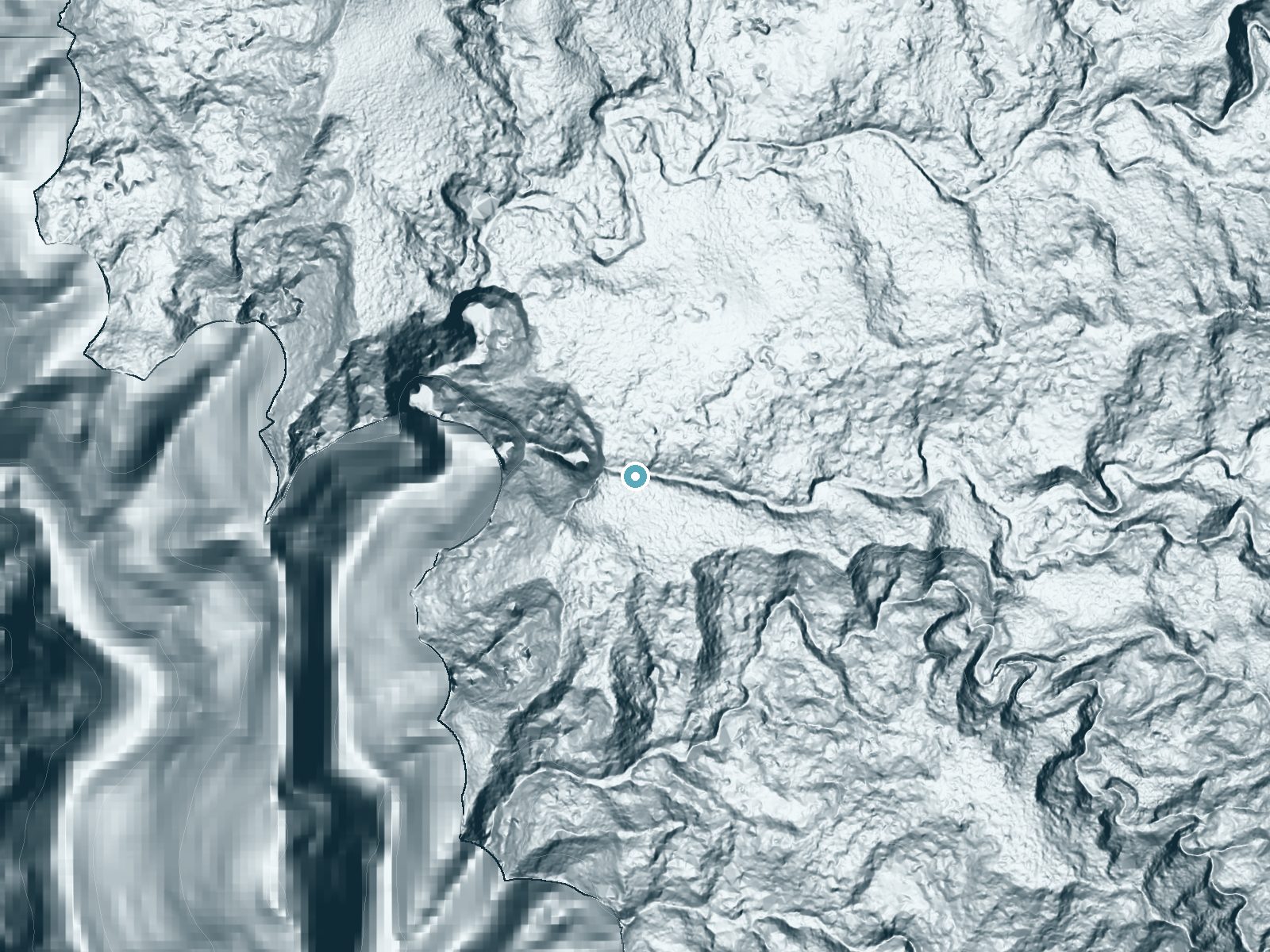 LiDAR bare-earth terrain around Kāhili Falls near Kalaheo, Hawaii, showing about 276 feet of drop, a single sheer drop, facing west