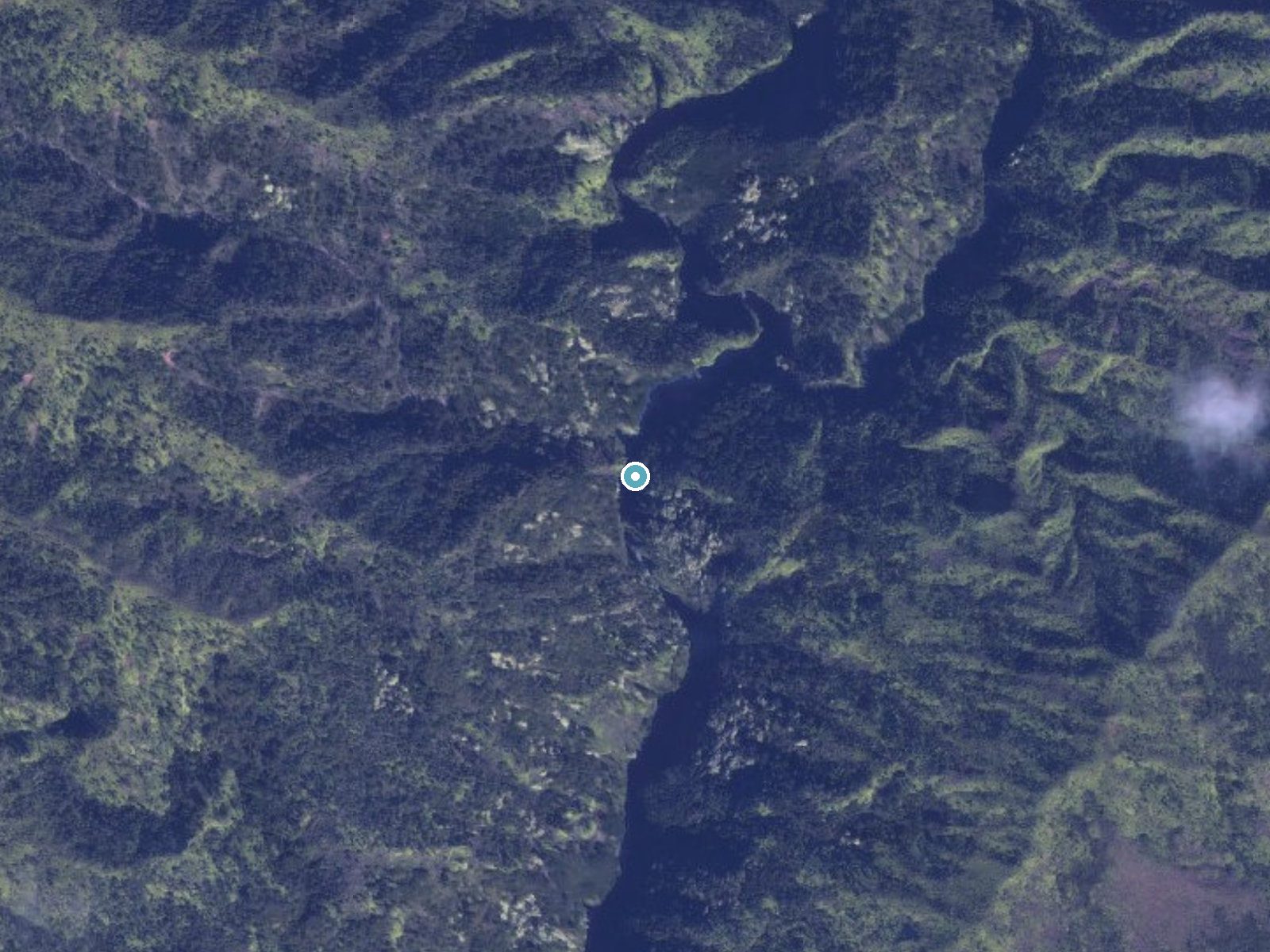 Aerial view of the ground around Halulu Falls near Kalaheo, Hawaii