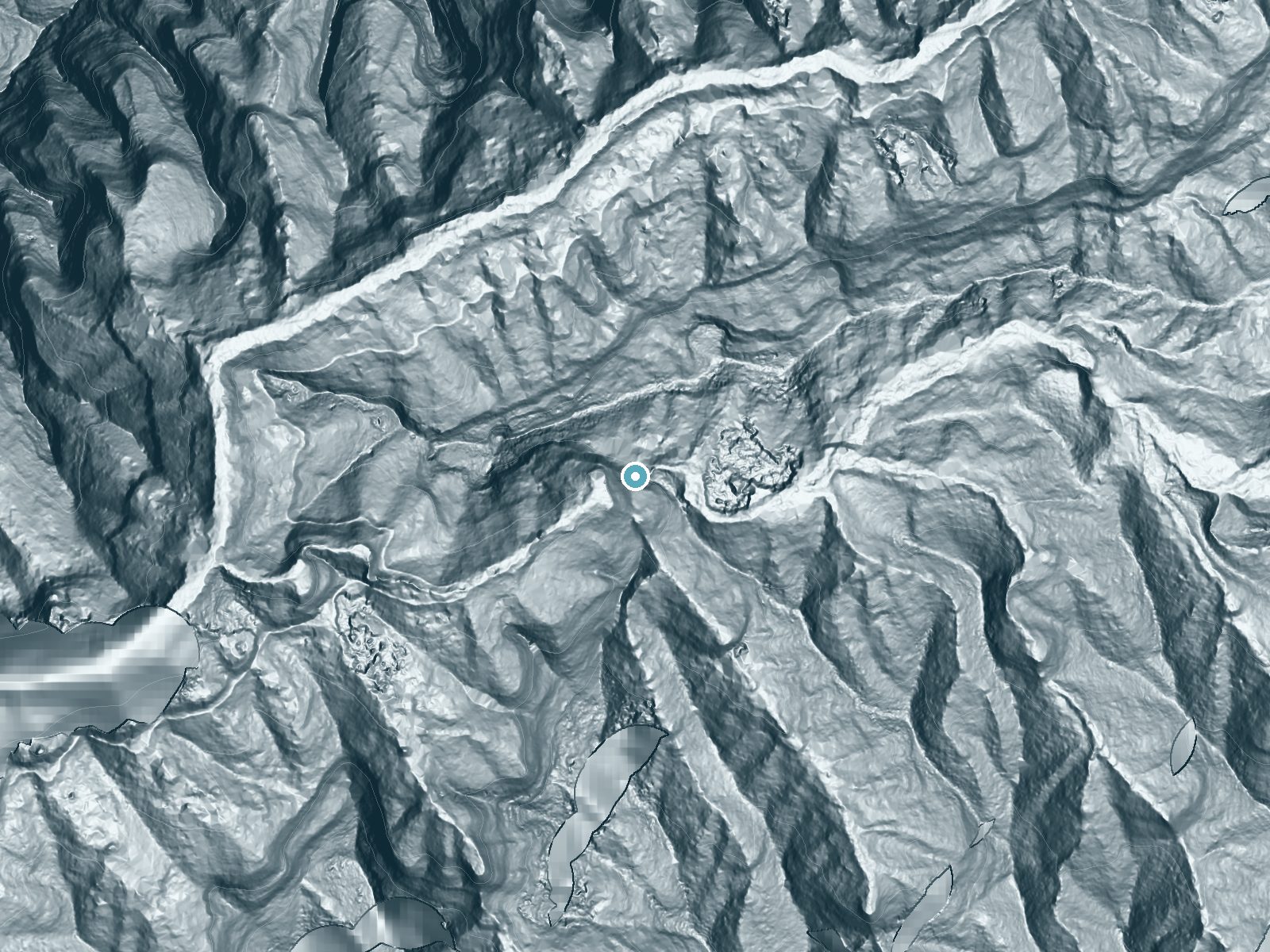 LiDAR bare-earth terrain around Waiānuenue Falls near Kalaheo, Hawaii, showing about 465 feet of drop, a single sheer drop, facing southwest