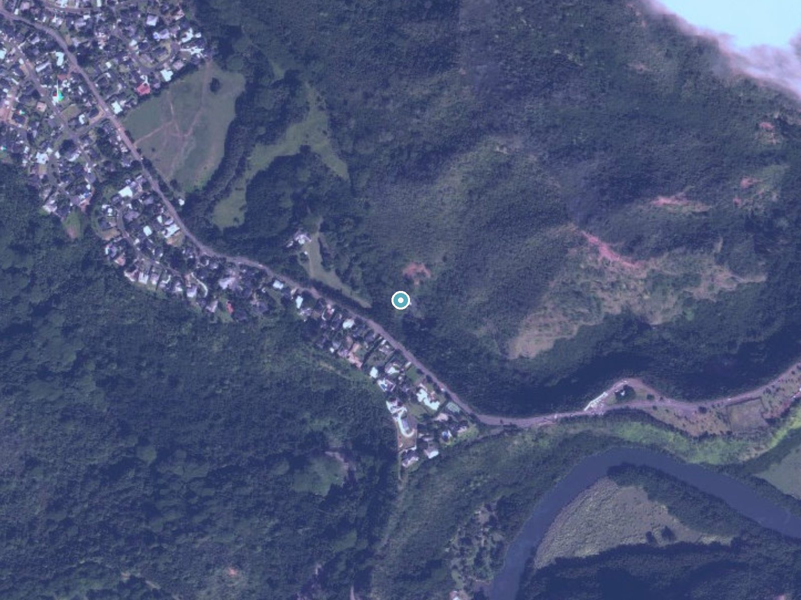 Aerial photo of the same ground around ʻŌpaekaʻa Falls near Wailua, Hawaii, for comparison with the lidar view