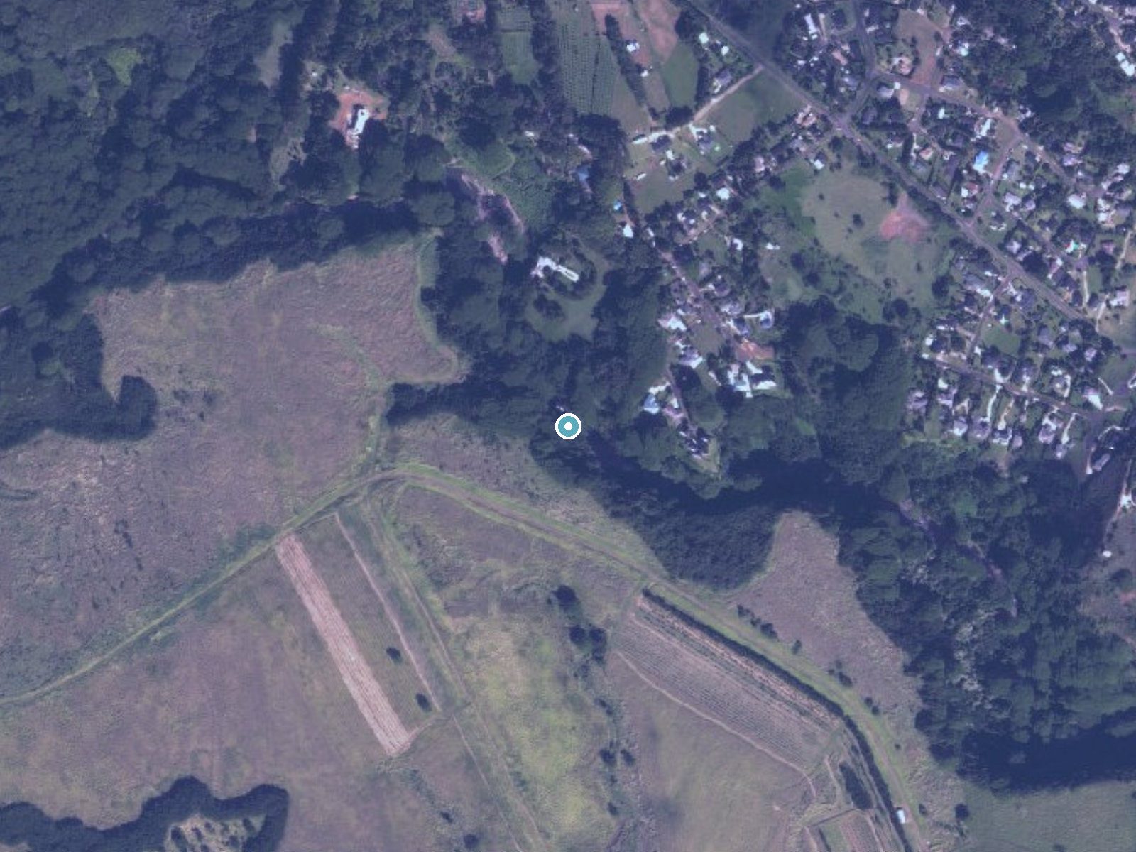 Aerial photo of the same ground around Koholālele Falls near Wailua Homesteads, Hawaii, for comparison with the lidar view