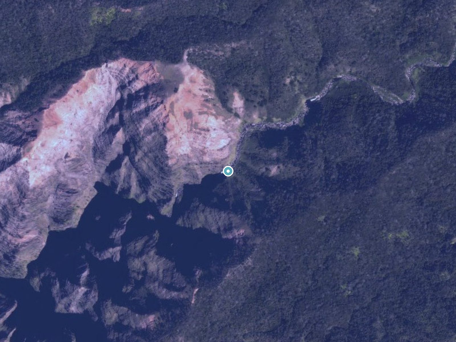 Aerial photo of the same ground around Waiʻalae Falls near Pakala Village, Hawaii, for comparison with the lidar view
