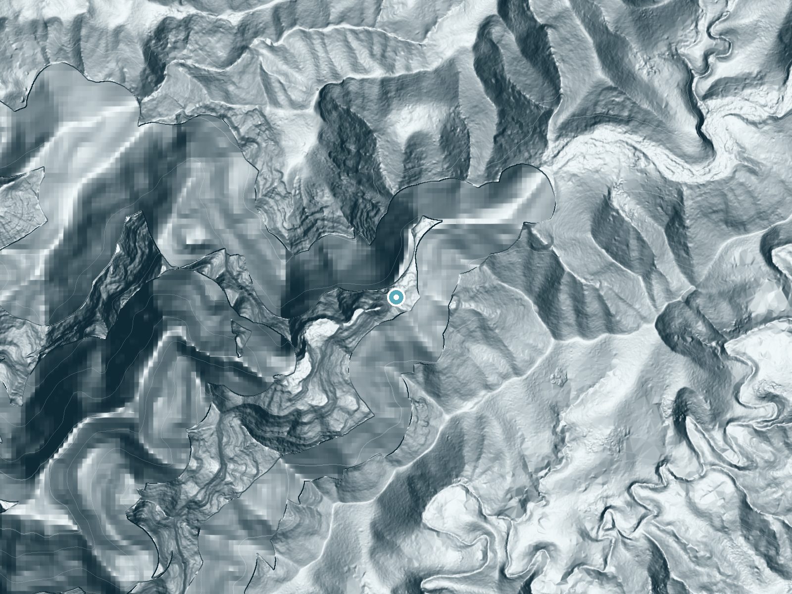 LiDAR bare-earth terrain around Waiʻalae Falls near Pakala Village, Hawaii, showing about 426 feet of drop, a steep tiered drop, facing west