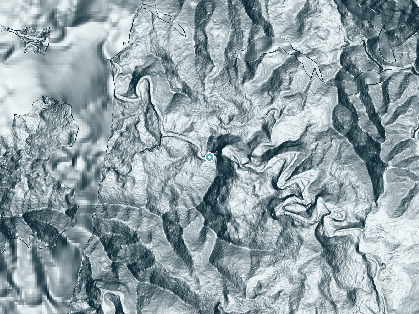 LiDAR bare-earth terrain around Uhauʻiole Falls near Wailua Homesteads, Hawaii, showing about 244 feet of drop, a single sheer drop, facing east