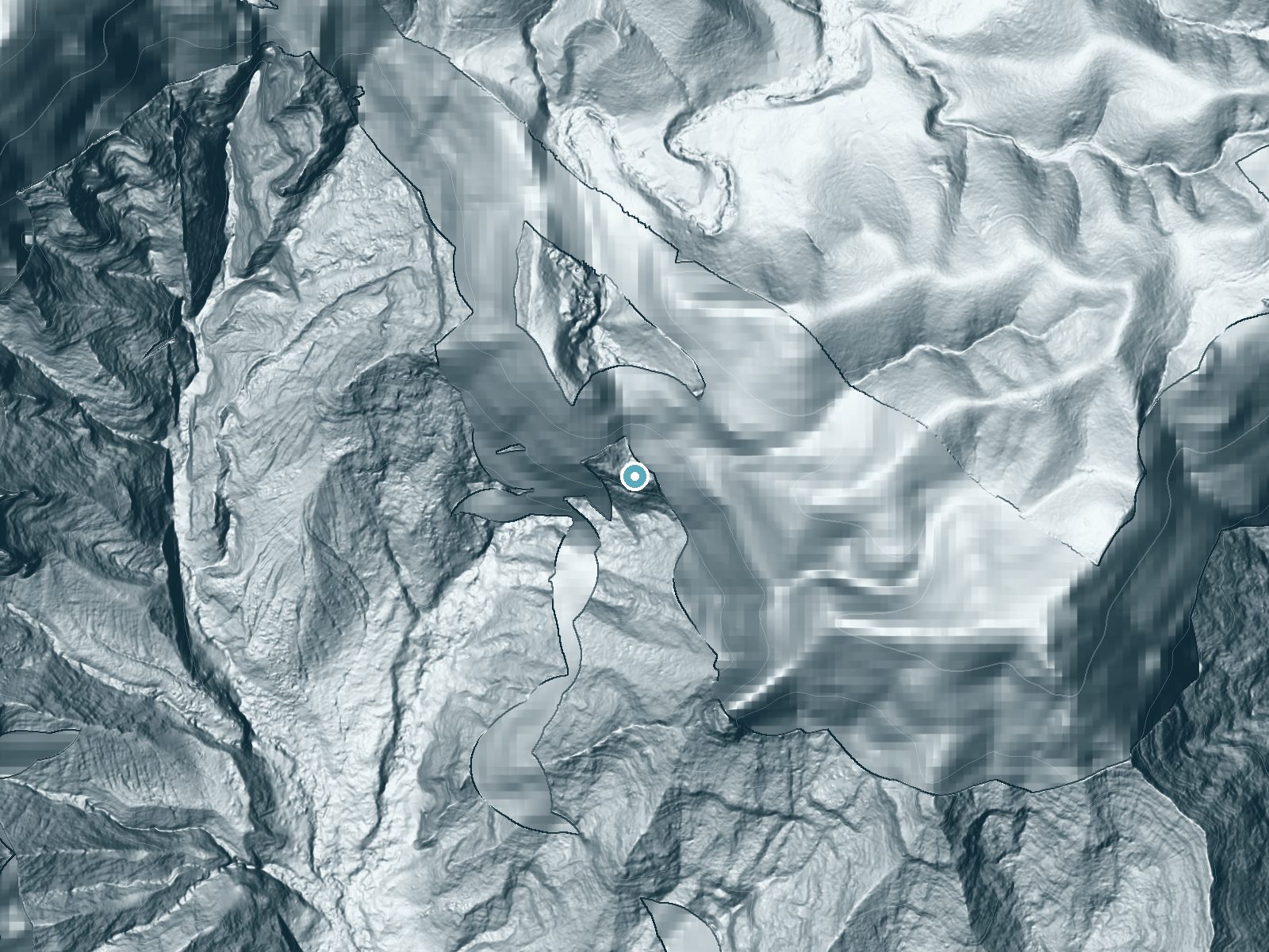 LiDAR bare-earth terrain around Waipoʻo Falls near Pakala Village, Hawaii, showing about 844 feet of drop, a single sheer drop, facing south