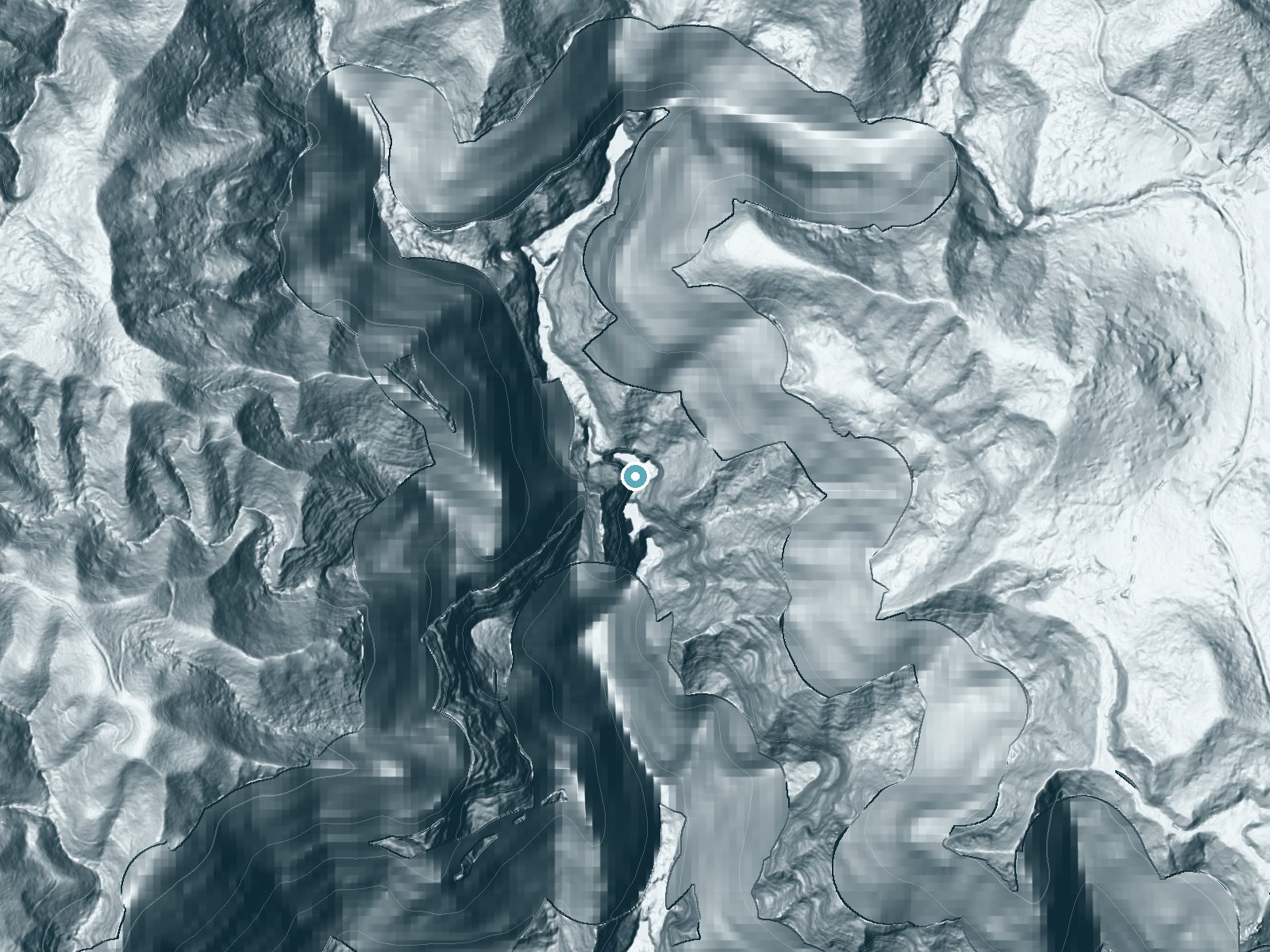 LiDAR bare-earth terrain around Moeloa Falls near Wainiha, Hawaii, showing about 353 feet of drop, a single sheer drop, facing southwest