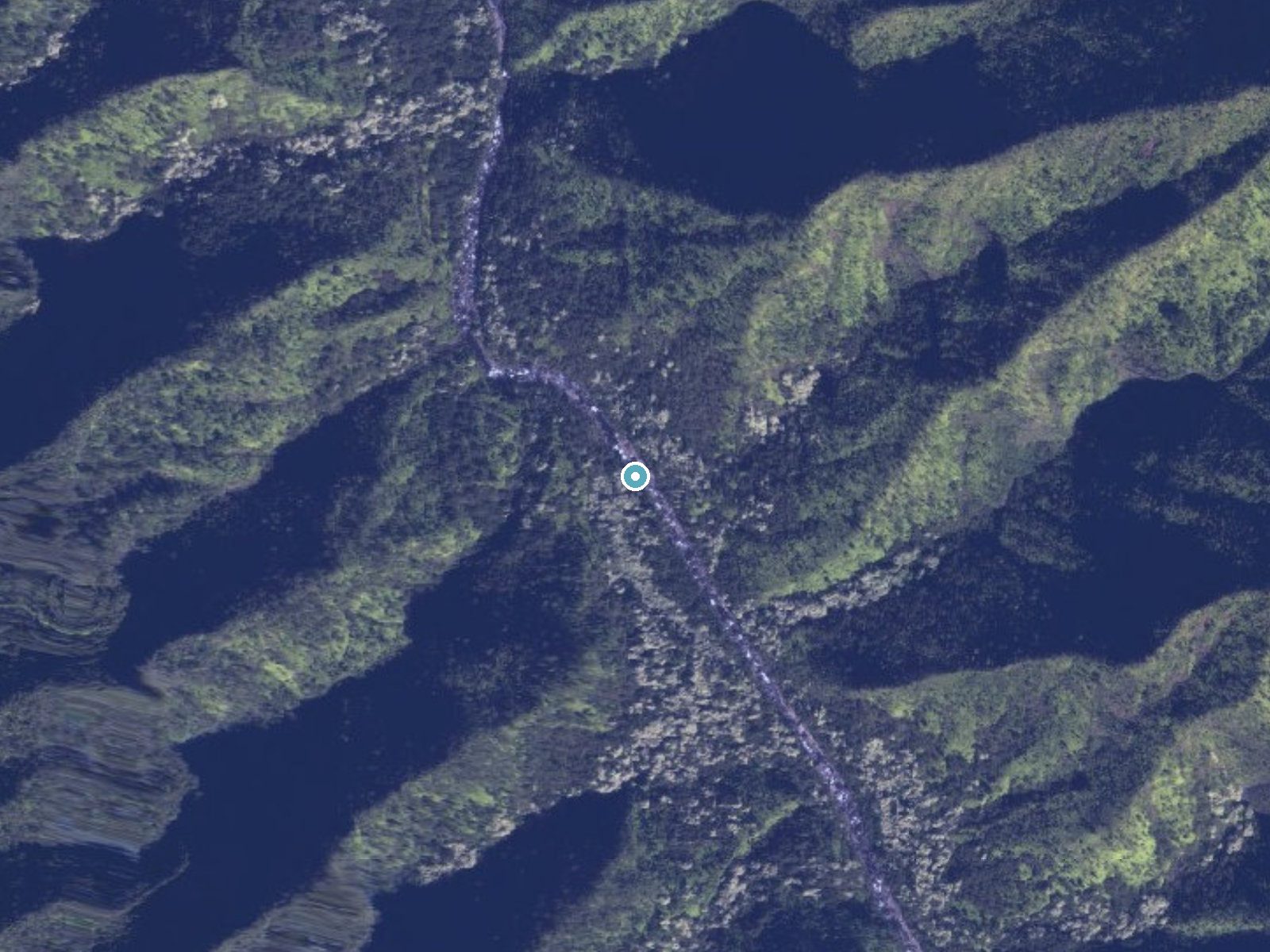 Aerial photo of the same ground around Pūwainui Falls near Wainiha, Hawaii, for comparison with the lidar view