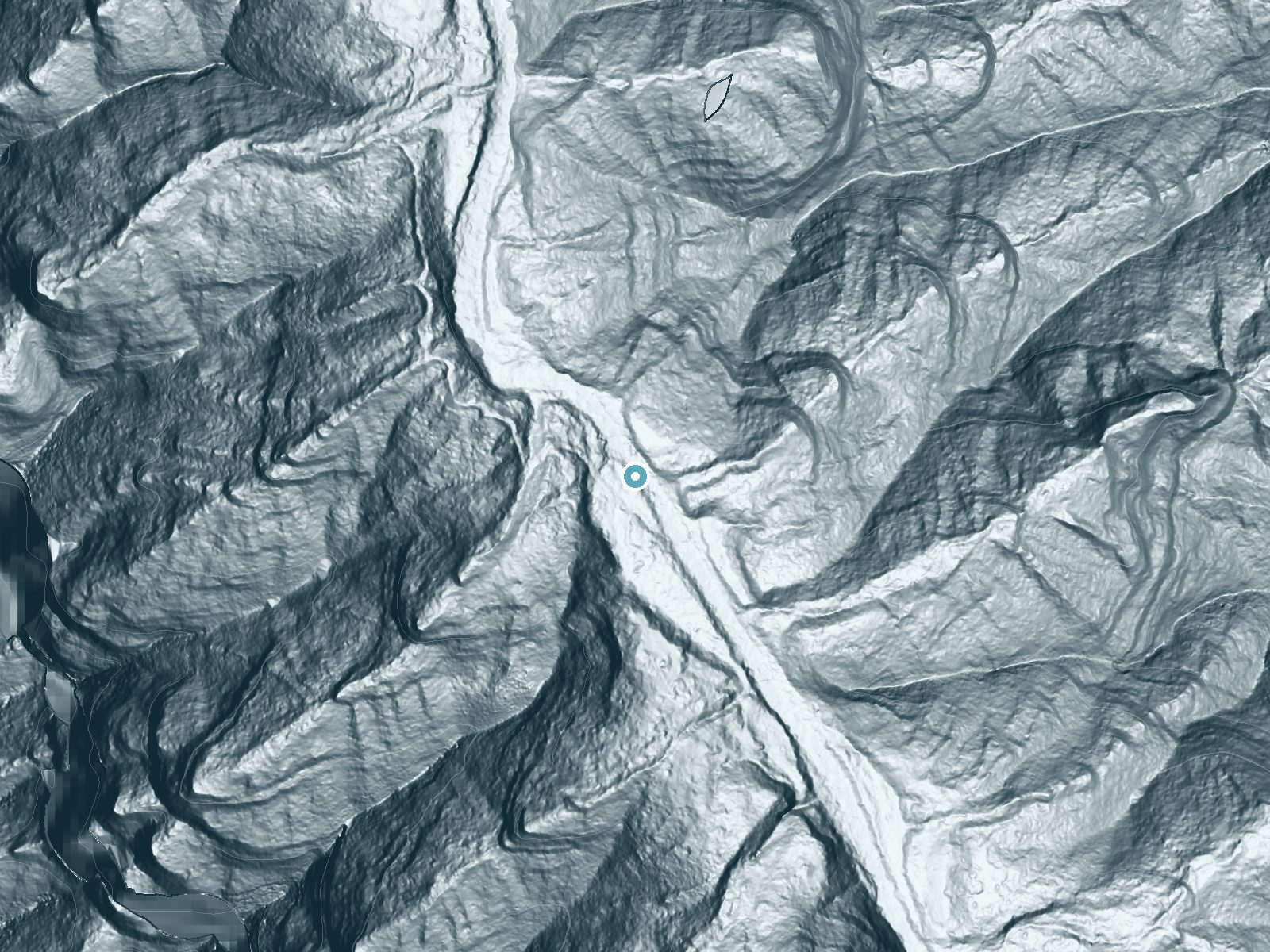 LiDAR bare-earth terrain around Pūwainui Falls near Wainiha, Hawaii, showing about 91 feet of drop, a steep tiered drop, facing west