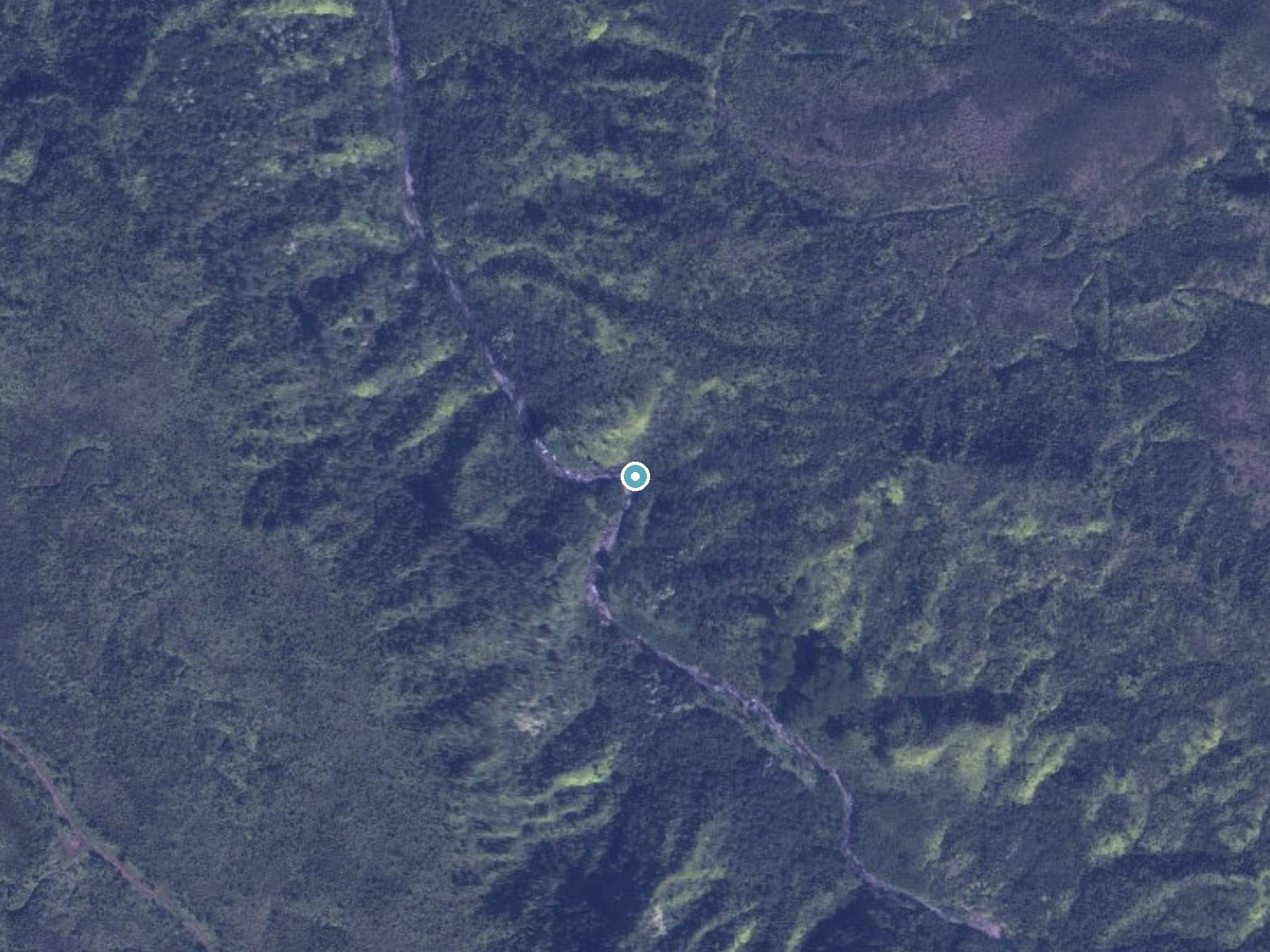 Aerial photo of the same ground around Hoʻopōuli Falls near Kalihiwai, Hawaii, for comparison with the lidar view