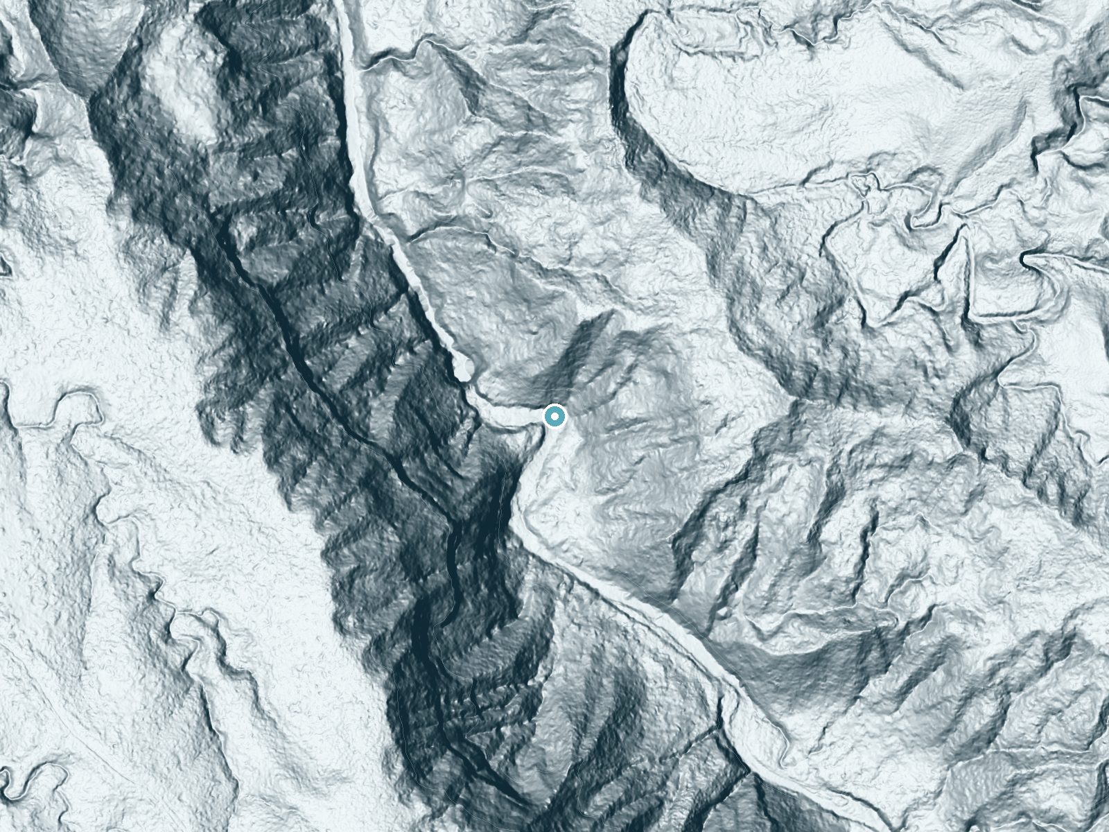 LiDAR bare-earth terrain around Hoʻopōuli Falls near Kalihiwai, Hawaii, showing about 210 feet of drop, a steep tiered drop, facing southwest