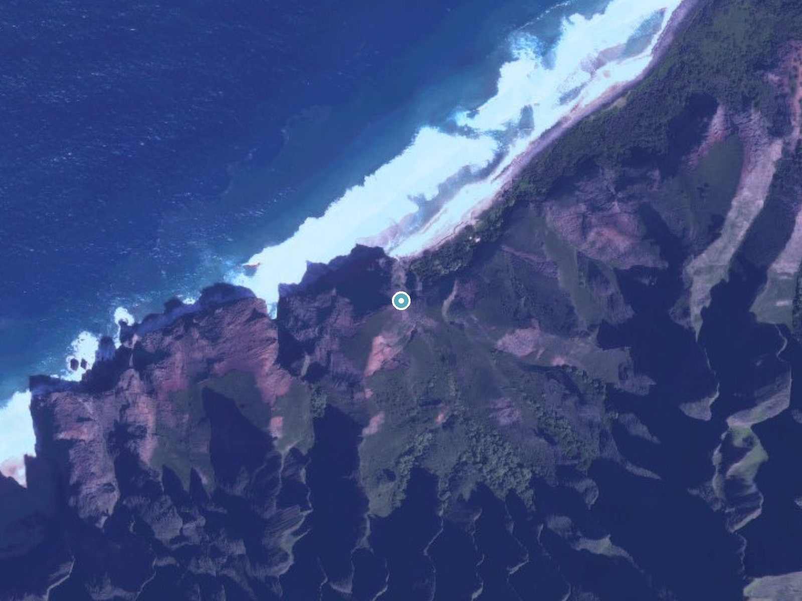 Aerial photo of the same ground around Hoʻoleʻa Falls near Wainiha, Hawaii, for comparison with the lidar view