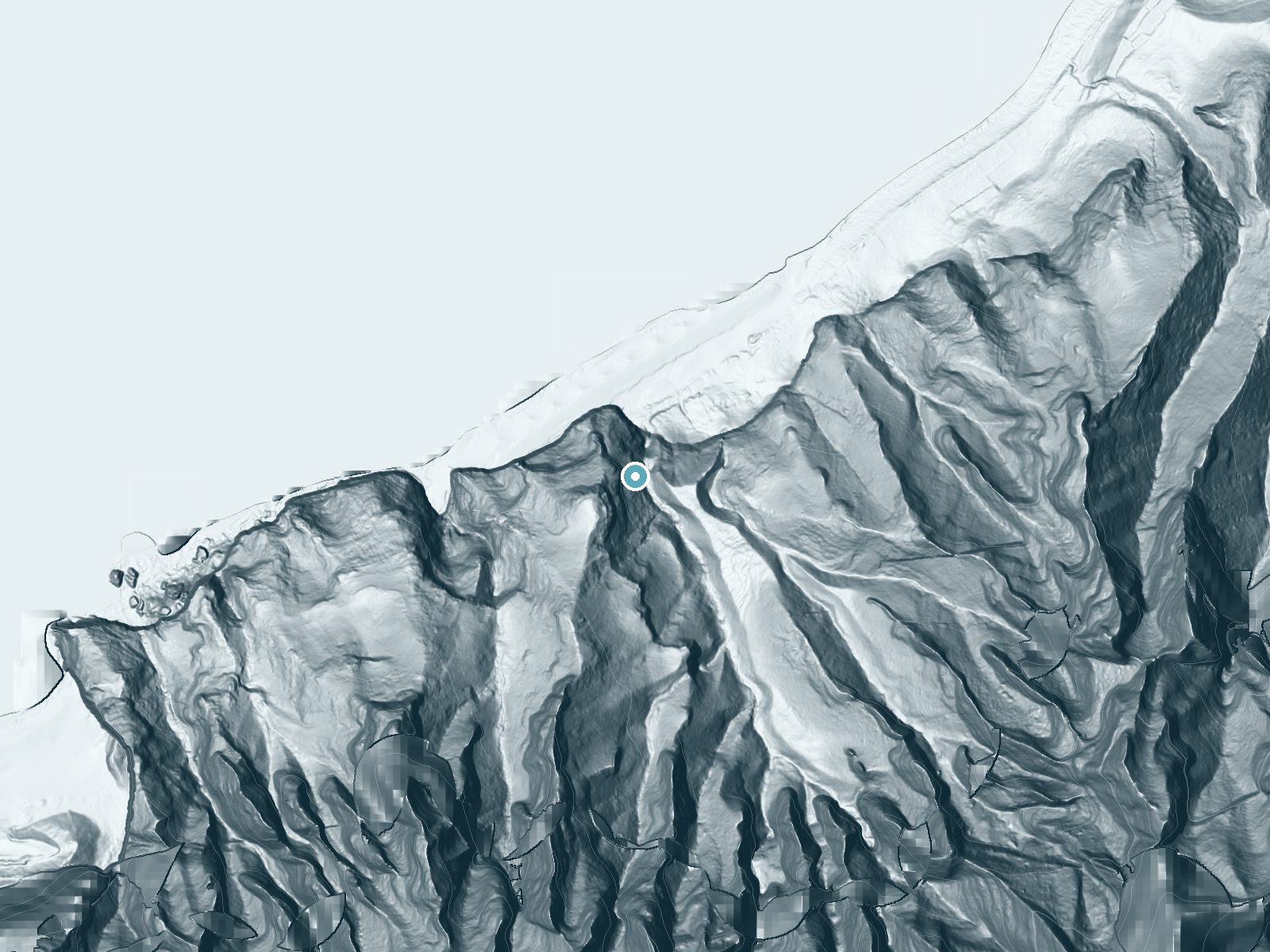 LiDAR bare-earth terrain around Hoʻoleʻa Falls near Wainiha, Hawaii, showing about 528 feet of drop, a single sheer drop, facing northeast