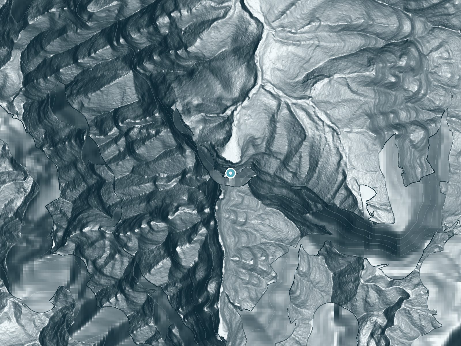 LiDAR bare-earth terrain around Hanakāpīʻai Falls near Wainiha, Hawaii, showing about 1,077 feet of drop, a single sheer drop, facing north